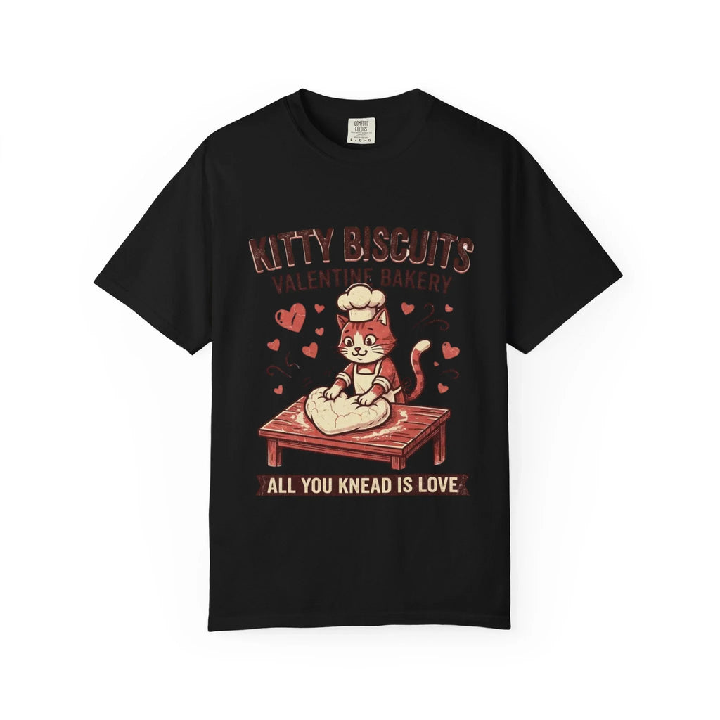 Kitty Biscuits T-Shirt | Valentine Bakery Cat All You Knead Is Love Graphic Tee Black