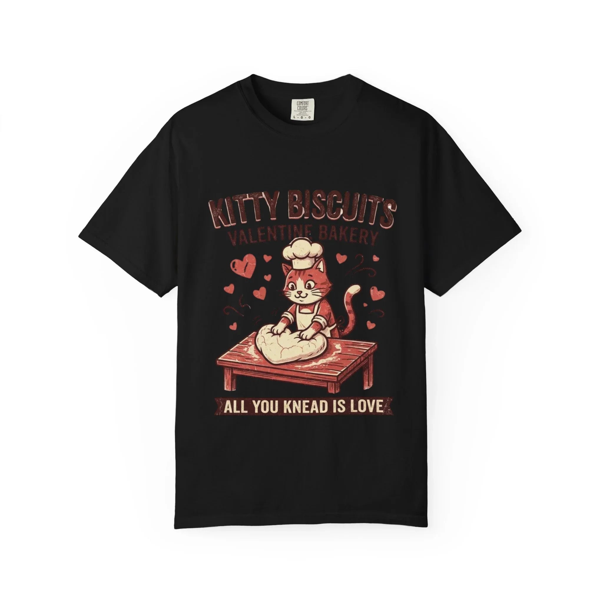 Kitty Biscuits T-Shirt | Valentine Bakery Cat All You Knead Is Love Graphic Tee Black