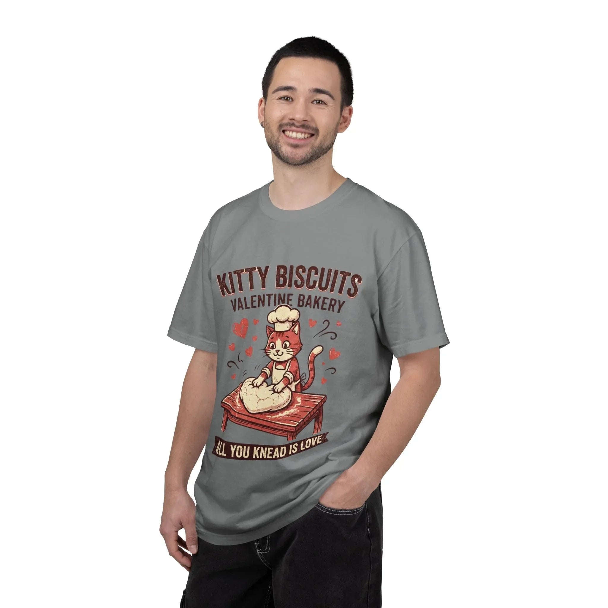 Kitty Biscuits T-Shirt | Valentine Bakery Cat All You Knead Is Love Graphic Tee