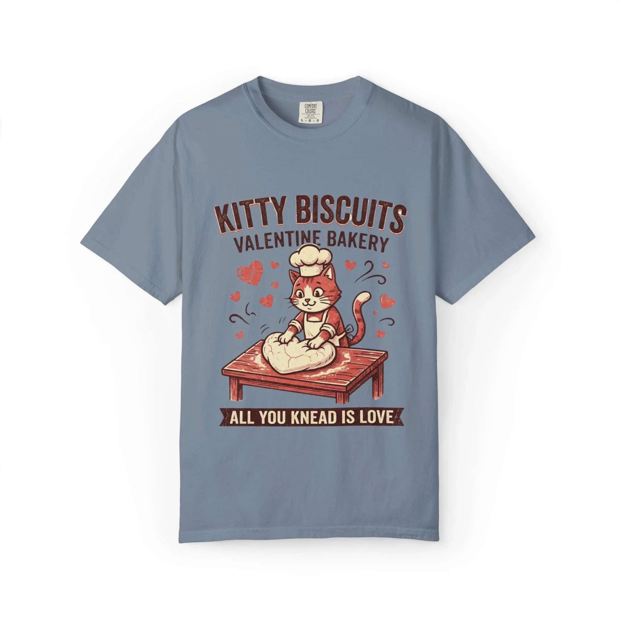 Kitty Biscuits T-Shirt | Valentine Bakery Cat All You Knead Is Love Graphic Tee Blue Jean