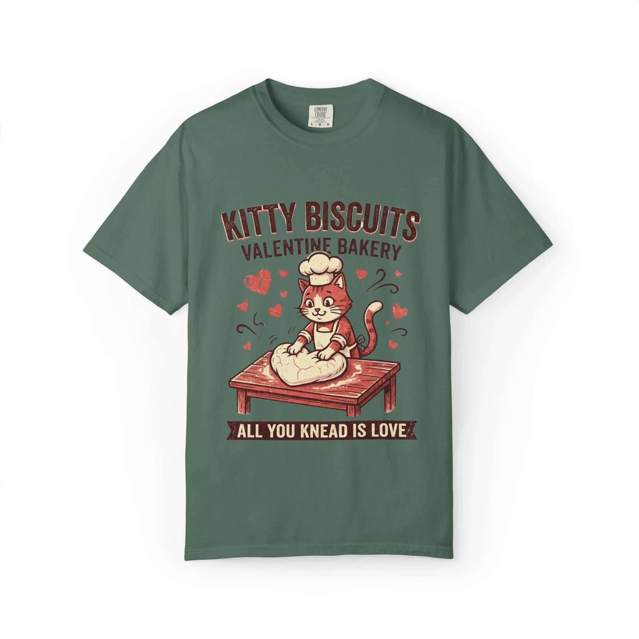 Kitty Biscuits T-Shirt | Valentine Bakery Cat All You Knead Is Love Graphic Tee Blue Spruce