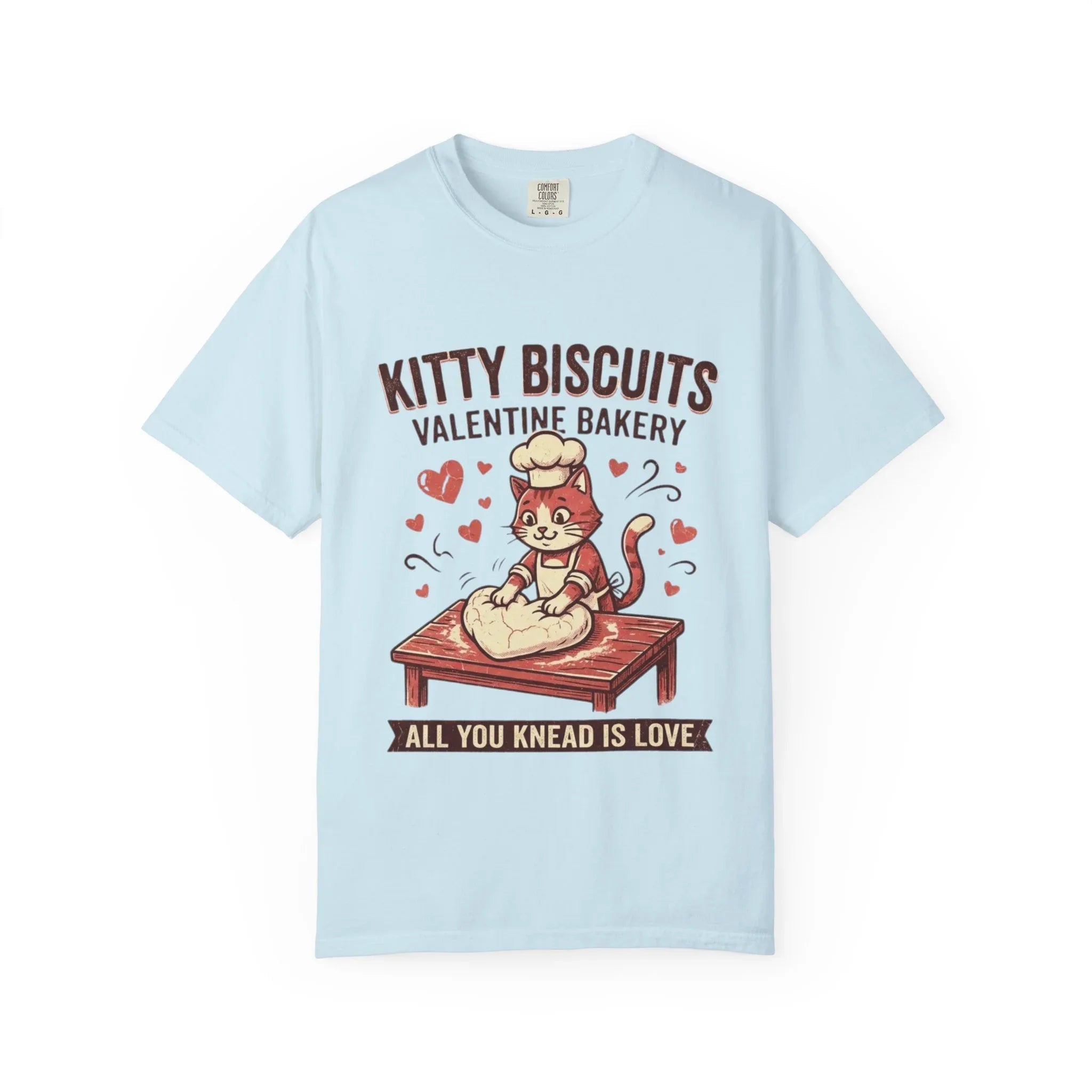 Kitty Biscuits T-Shirt | Valentine Bakery Cat All You Knead Is Love Graphic Tee Chambray