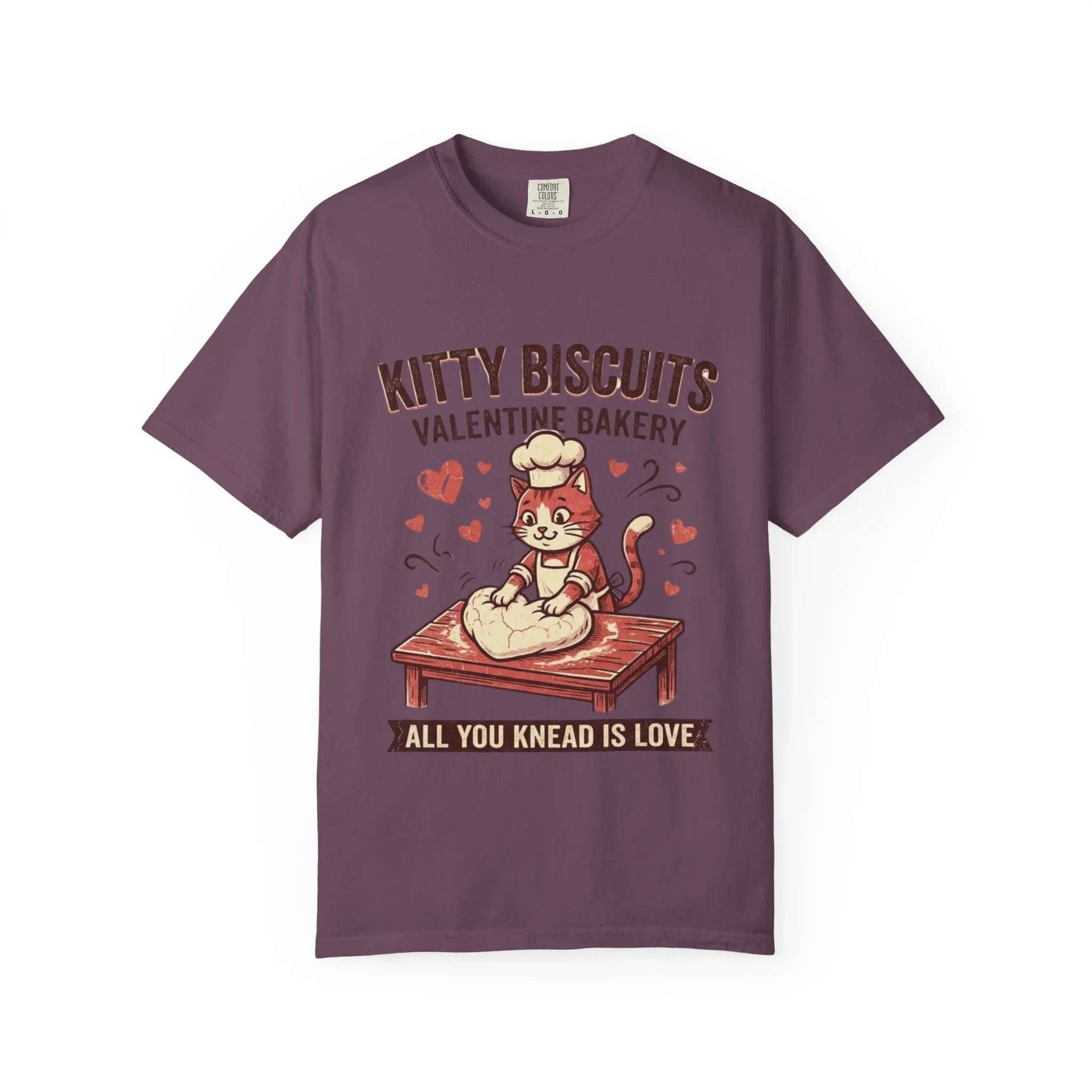 Kitty Biscuits T-Shirt | Valentine Bakery Cat All You Knead Is Love Graphic Tee Berry M
