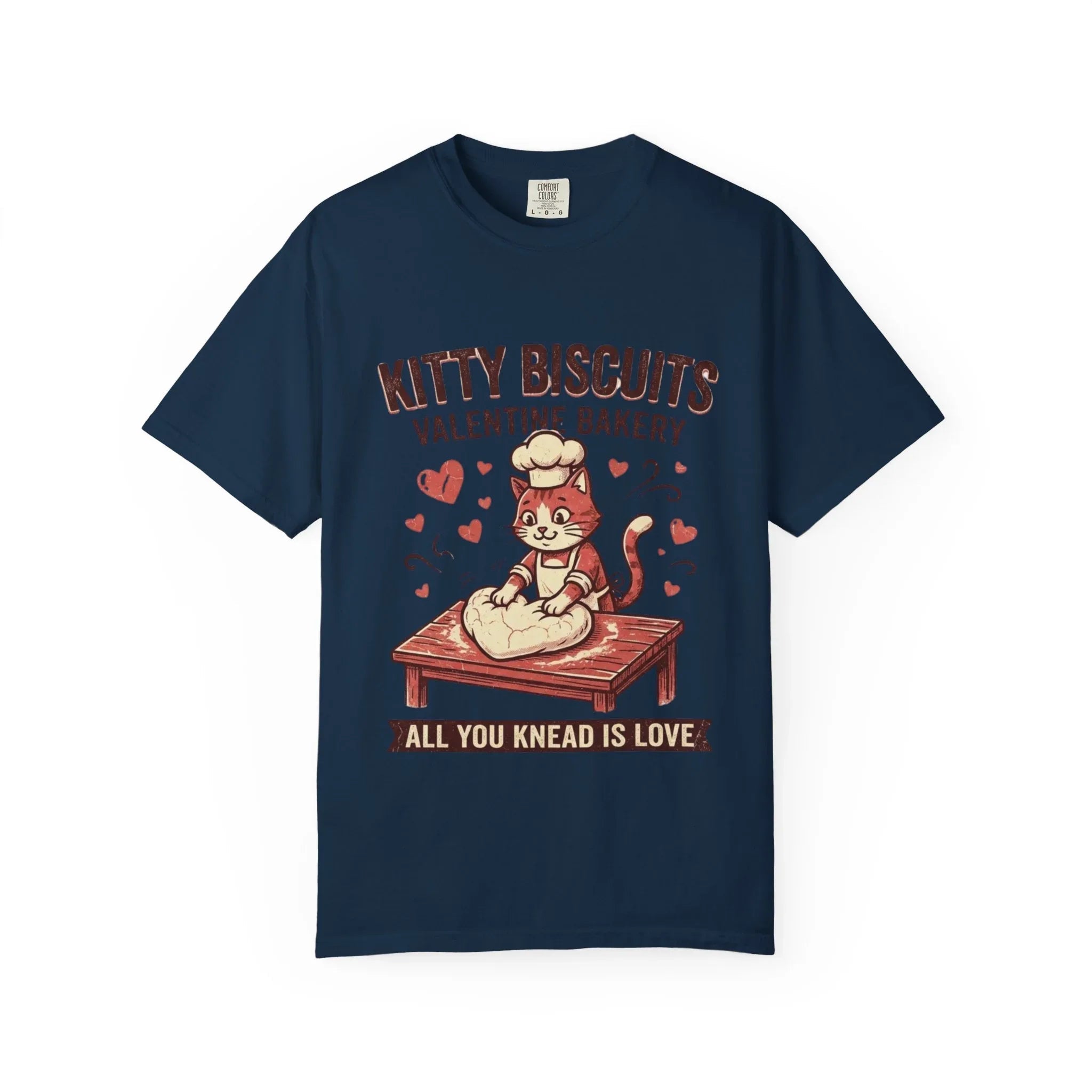 Kitty Biscuits T-Shirt | Valentine Bakery Cat All You Knead Is Love Graphic Tee True Navy