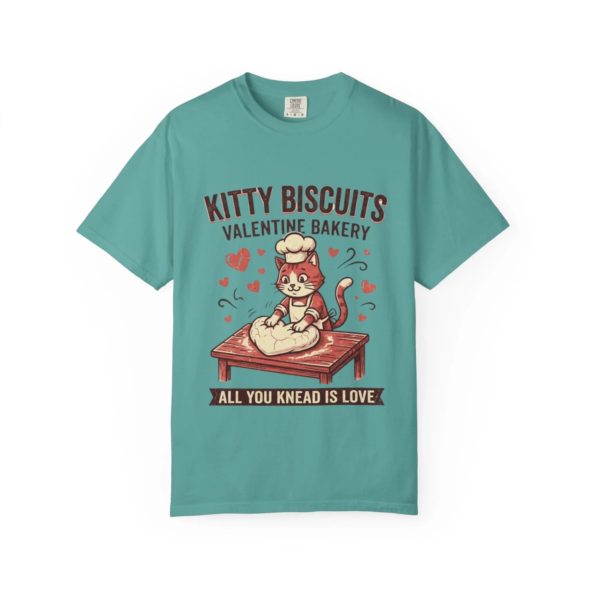 Kitty Biscuits T-Shirt | Valentine Bakery Cat All You Knead Is Love Graphic Tee Seafoam