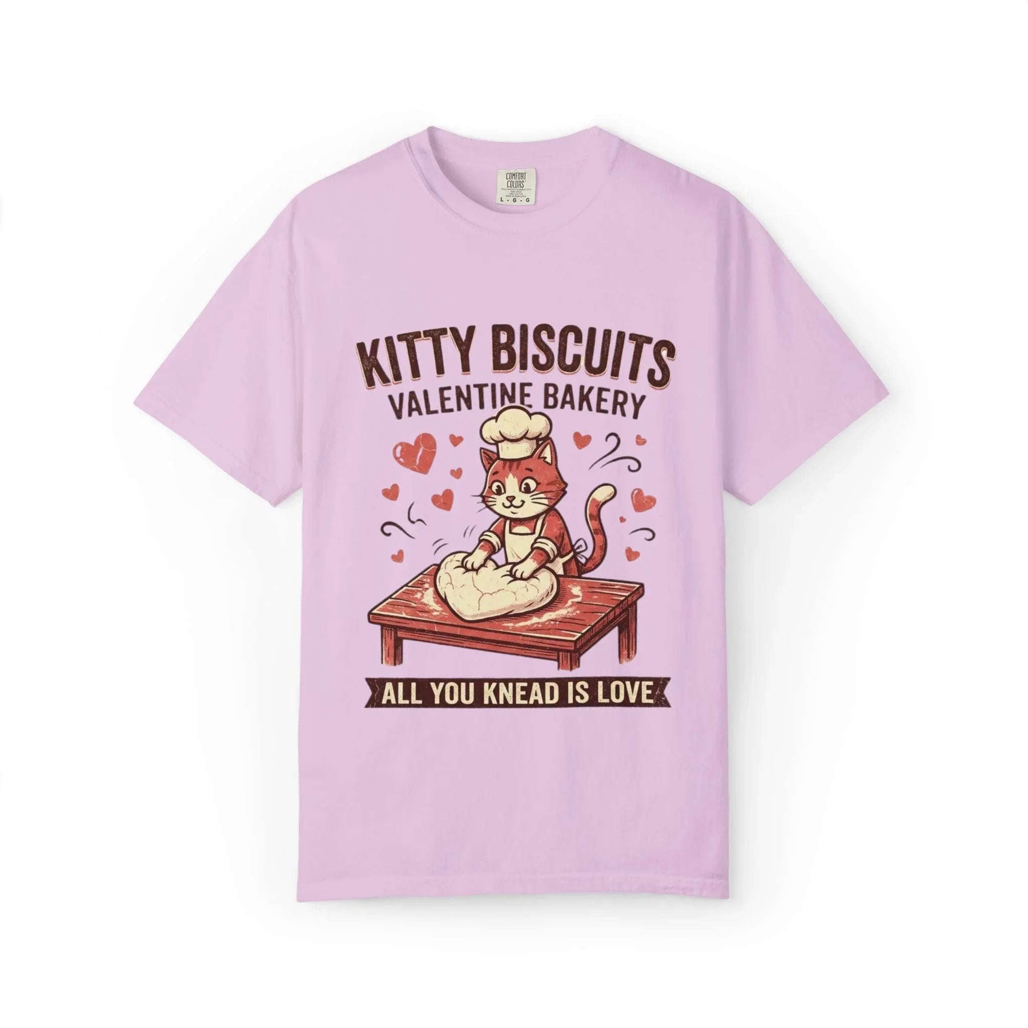 Kitty Biscuits T-Shirt | Valentine Bakery Cat All You Knead Is Love Graphic Tee Orchid