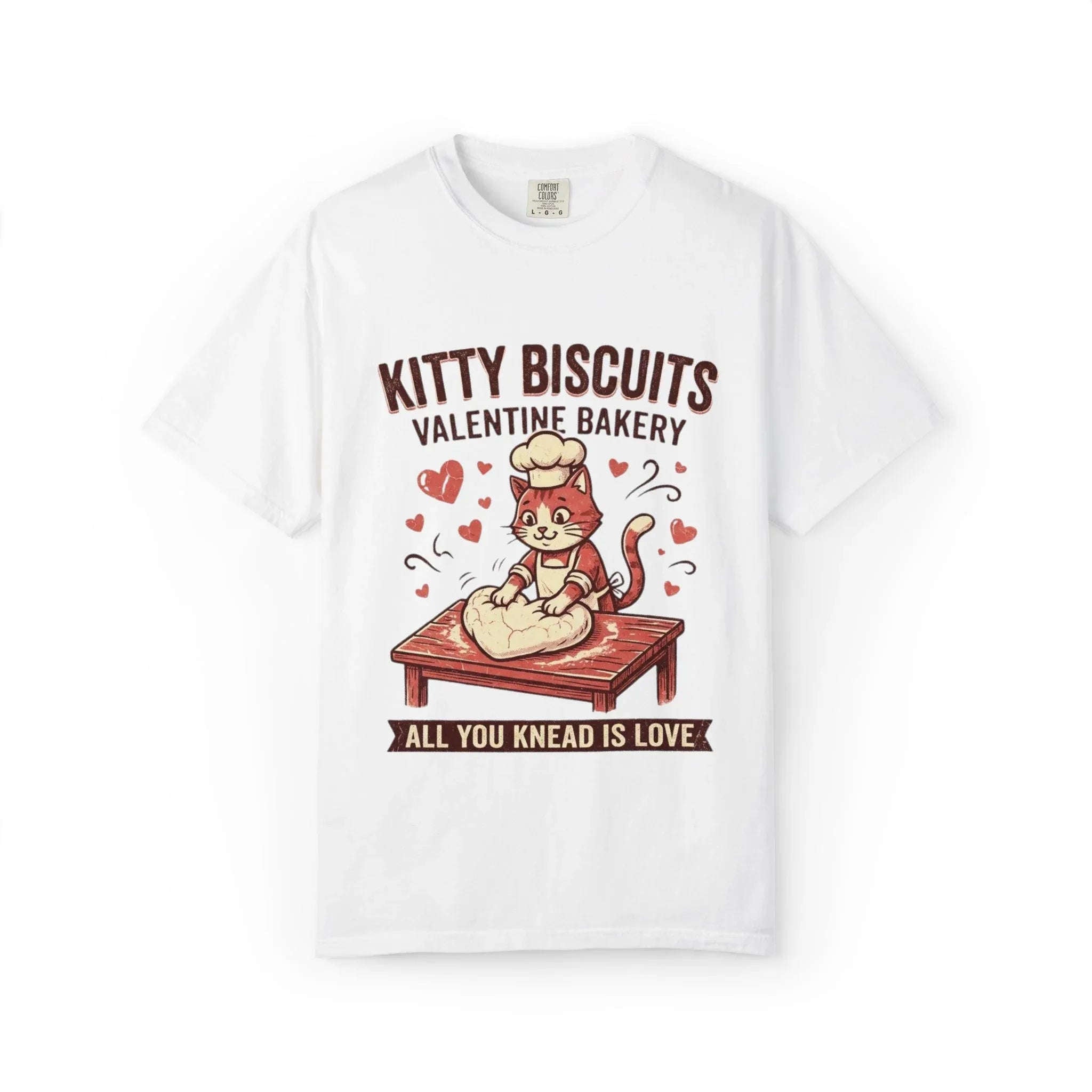 Kitty Biscuits T-Shirt | Valentine Bakery Cat All You Knead Is Love Graphic Tee White