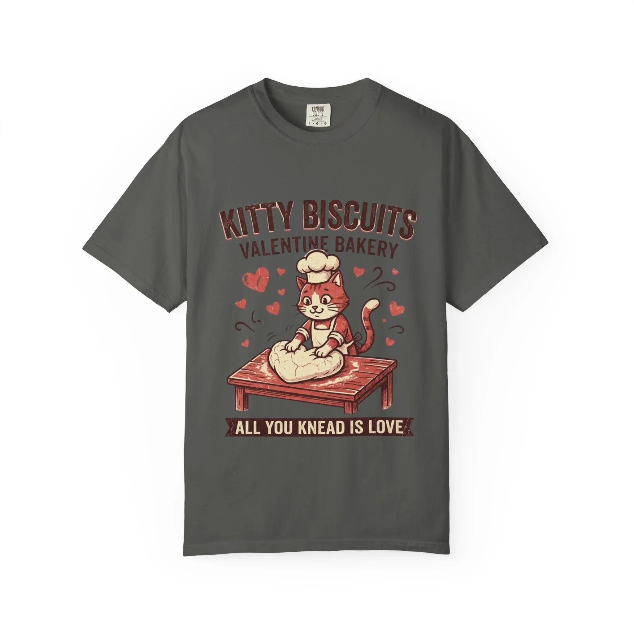 Kitty Biscuits T-Shirt | Valentine Bakery Cat All You Knead Is Love Graphic Tee Pepper