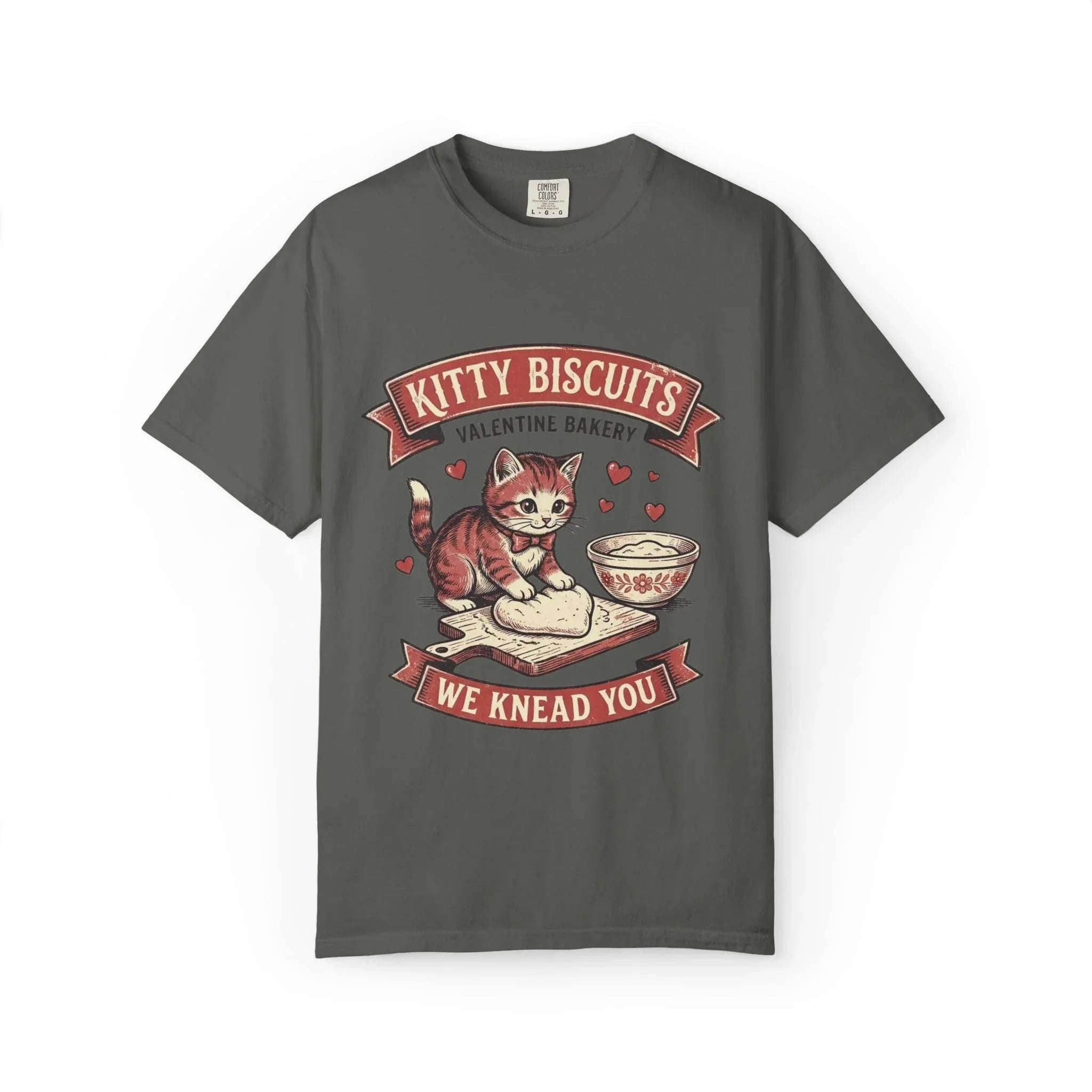 Kitty Biscuits T-Shirt | Valentine Bakery Cat We Knead You Graphic Tee Pepper