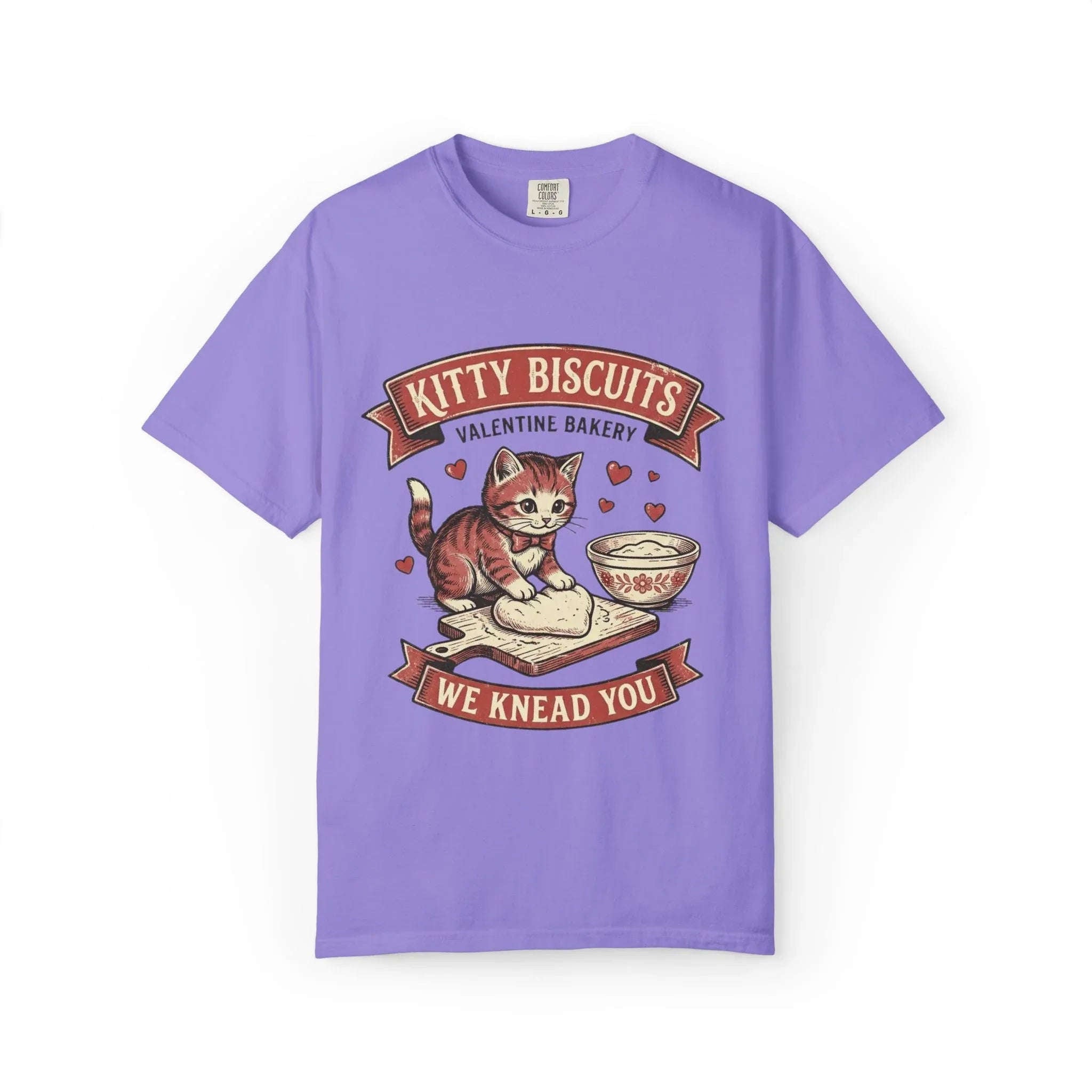 Kitty Biscuits T-Shirt | Valentine Bakery Cat We Knead You Graphic Tee Violet
