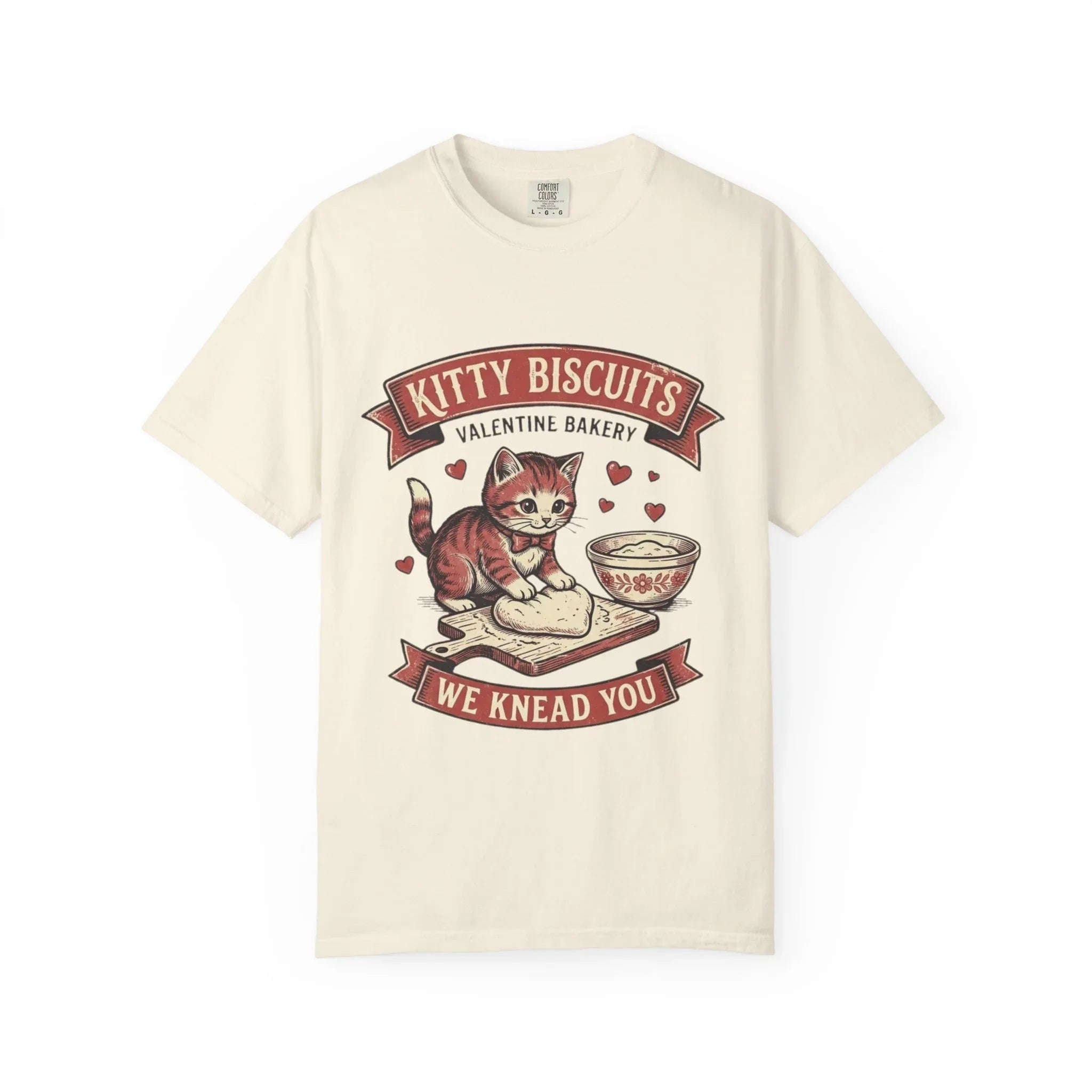 Kitty Biscuits T-Shirt | Valentine Bakery Cat We Knead You Graphic Tee Ivory