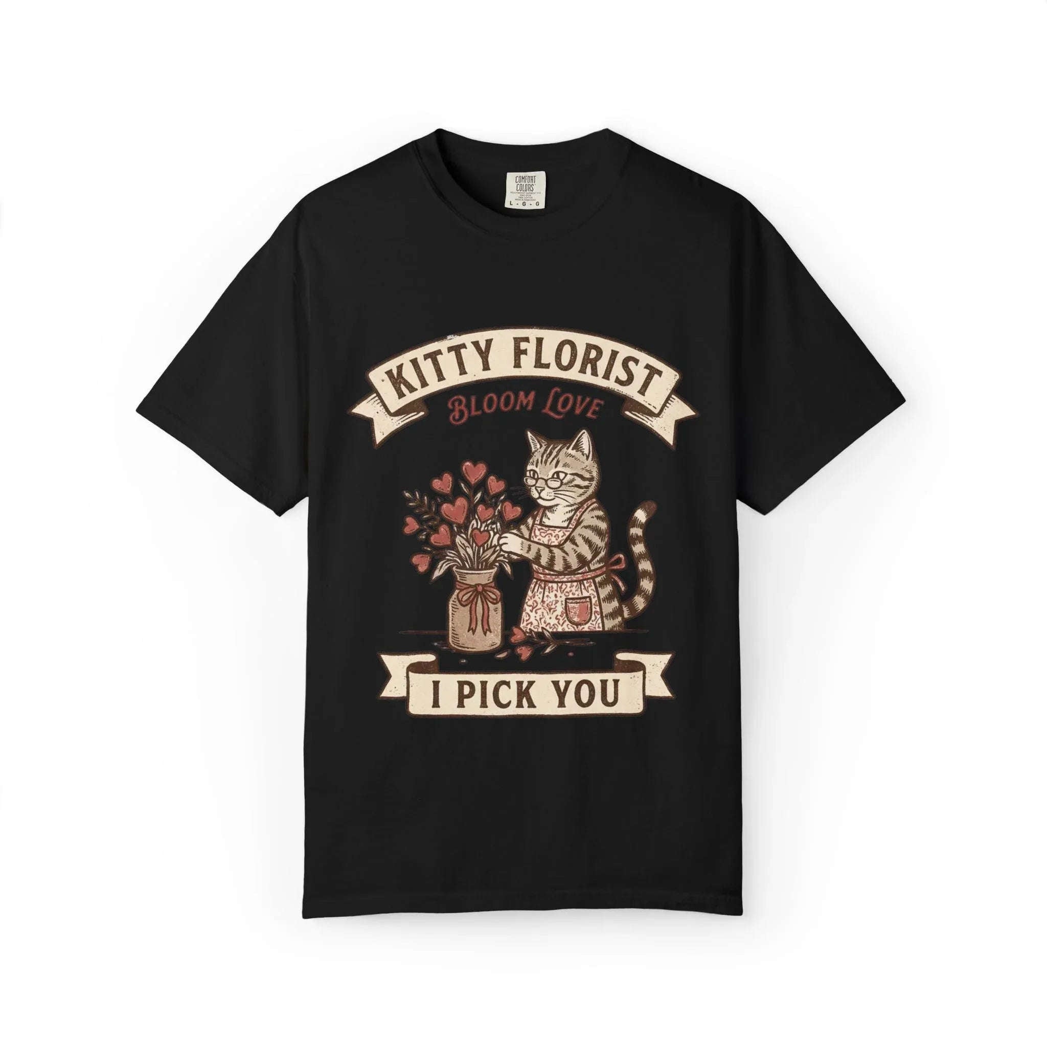 Kitty Florist Bloom Love T-Shirt | Vintage Cat Floral I Pick You Graphic Tee | Retro Flower Cat Lover Gift Shirt Black