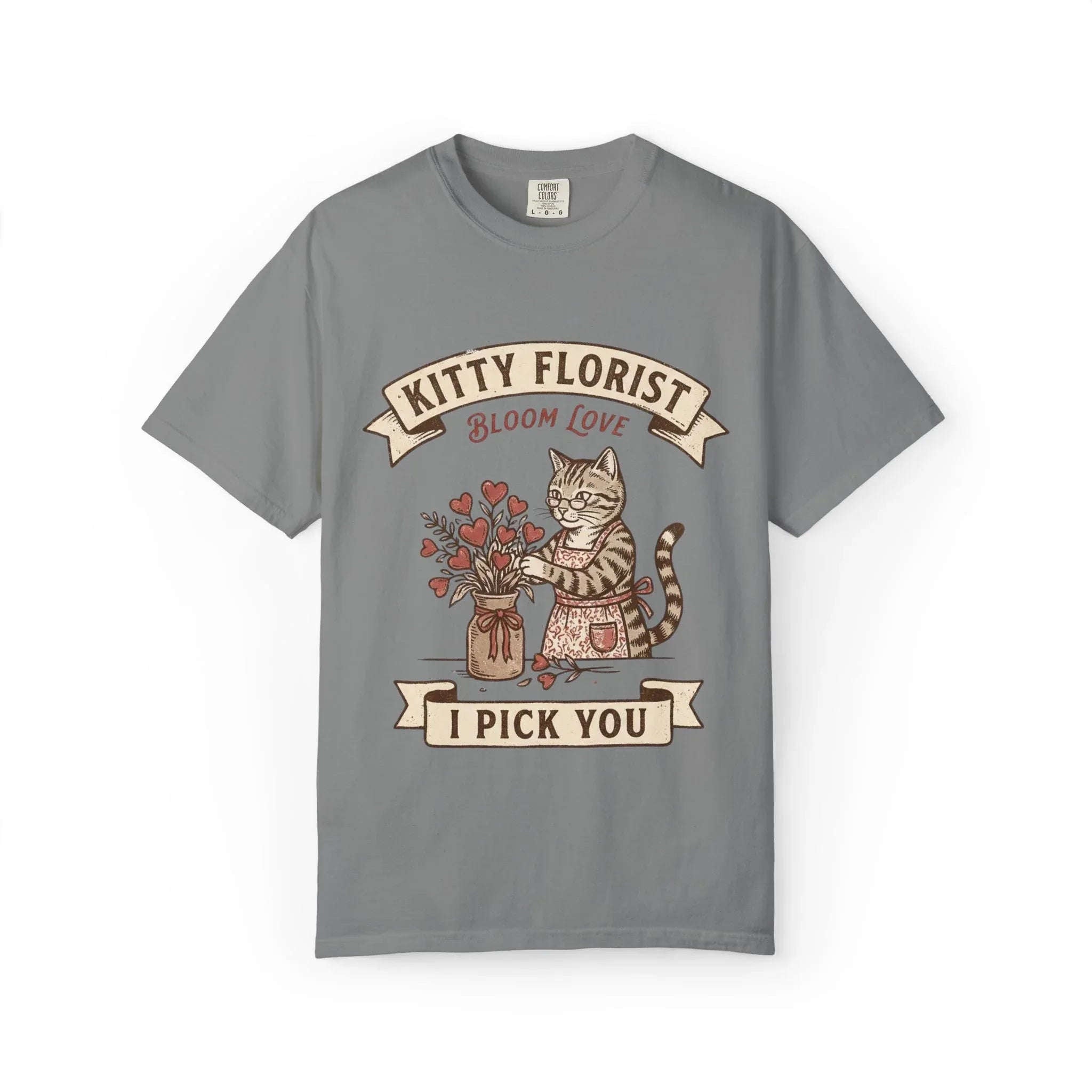 Kitty Florist Bloom Love T-Shirt | Vintage Cat Floral I Pick You Graphic Tee | Retro Flower Cat Lover Gift Shirt Grey