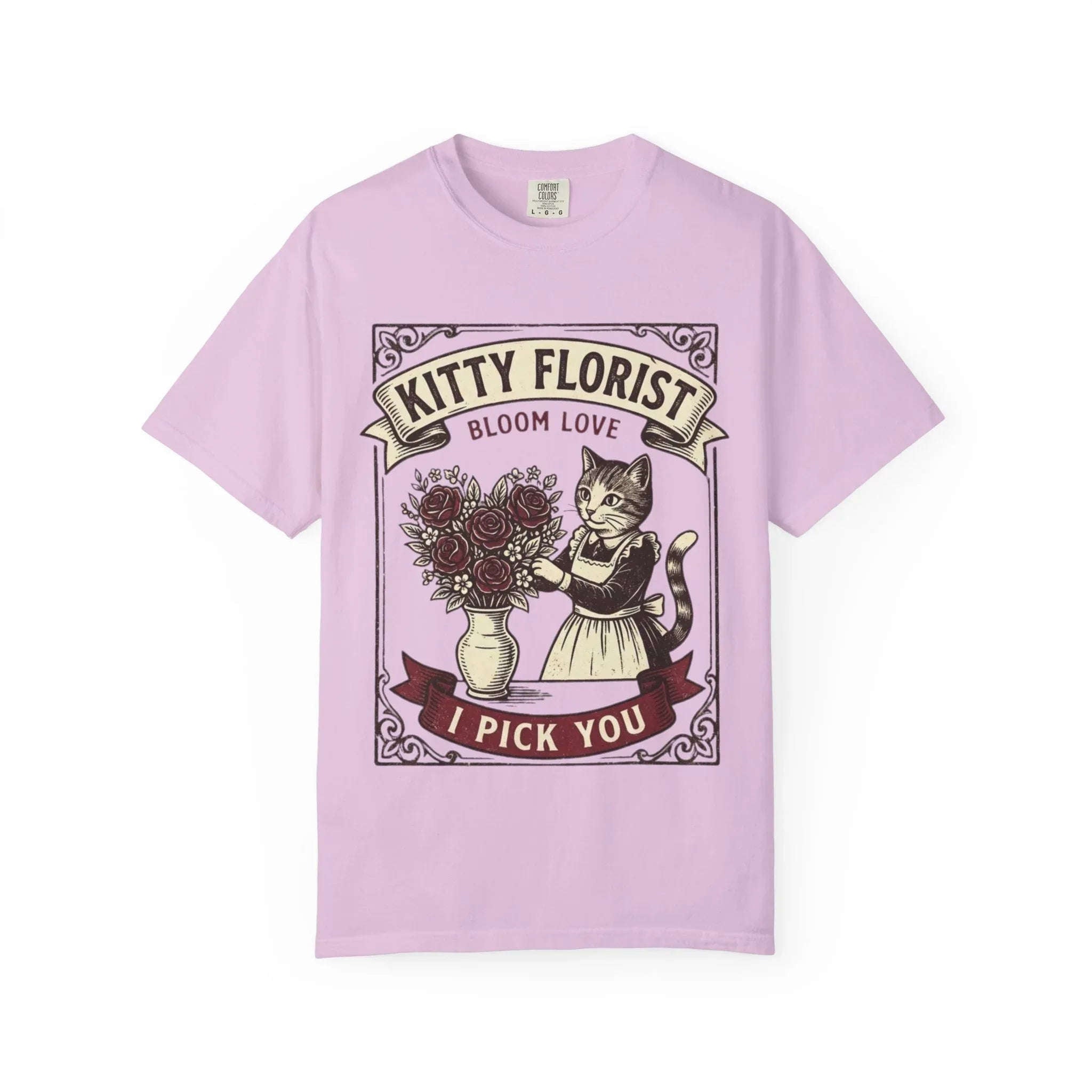 Kitty Florist Bloom Love T-Shirt | Vintage Cat Floral I Pick You Graphic Tee | Retro Flower Cat Lover Gift Shirt Orchid