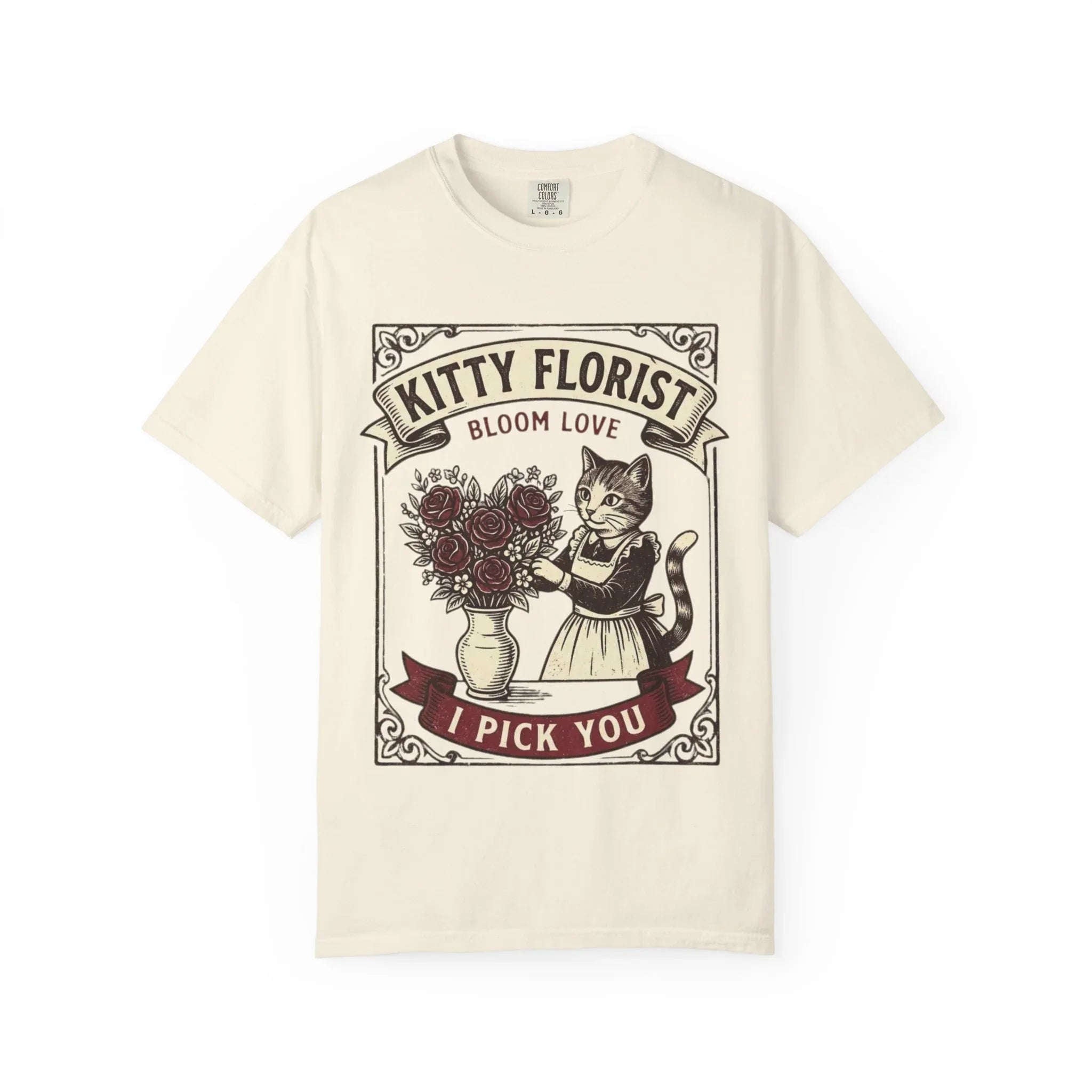 Kitty Florist Bloom Love T-Shirt | Vintage Cat Floral I Pick You Graphic Tee | Retro Flower Cat Lover Gift Shirt Ivory