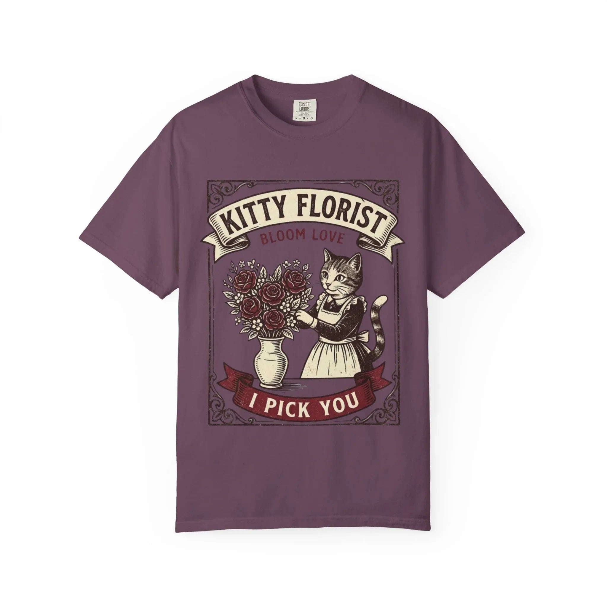 Kitty Florist Bloom Love T-Shirt | Vintage Cat Floral I Pick You Graphic Tee | Retro Flower Cat Lover Gift Shirt Berry M