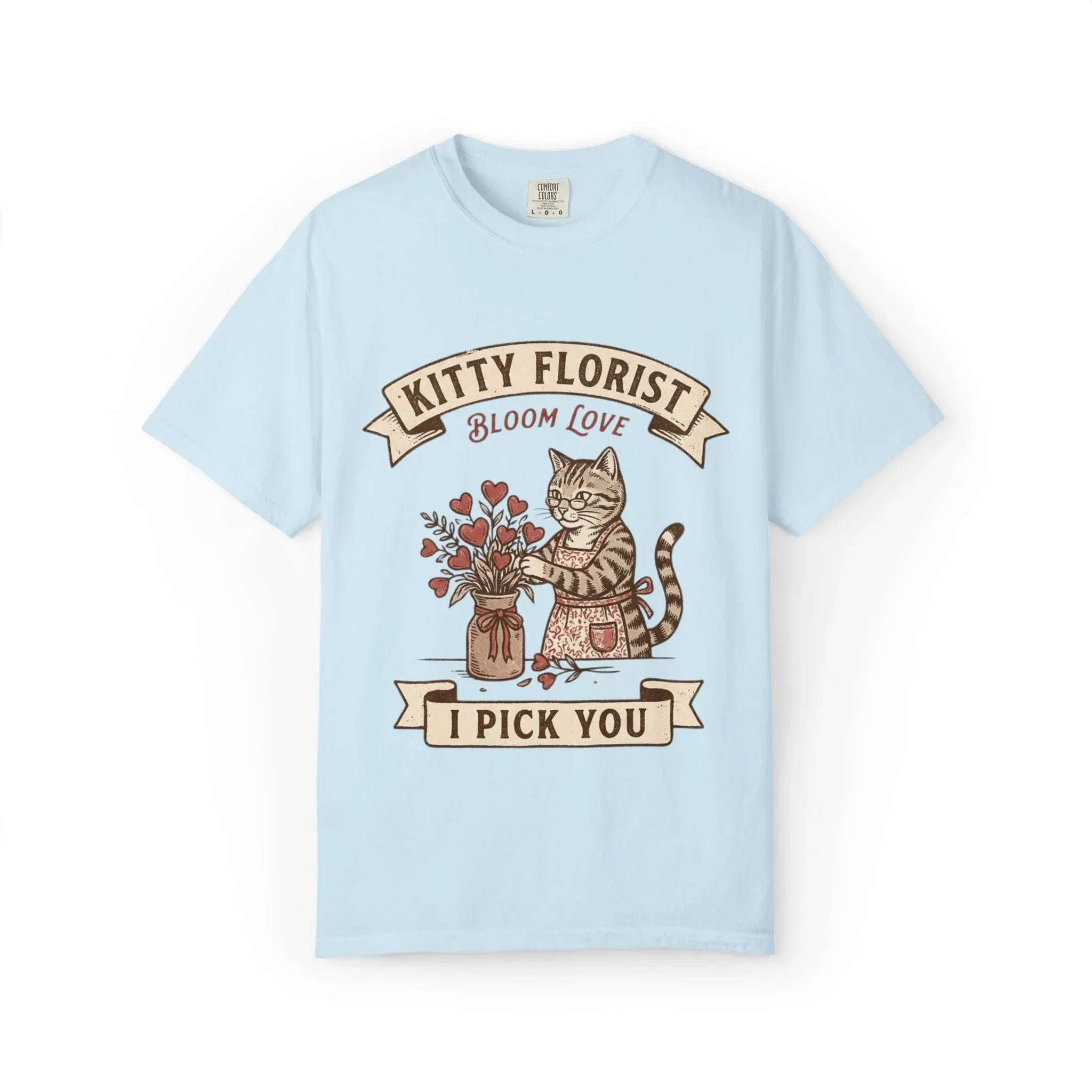 Kitty Florist Bloom Love T-Shirt | Vintage Cat Floral I Pick You Graphic Tee | Retro Flower Cat Lover Gift Shirt Chambray
