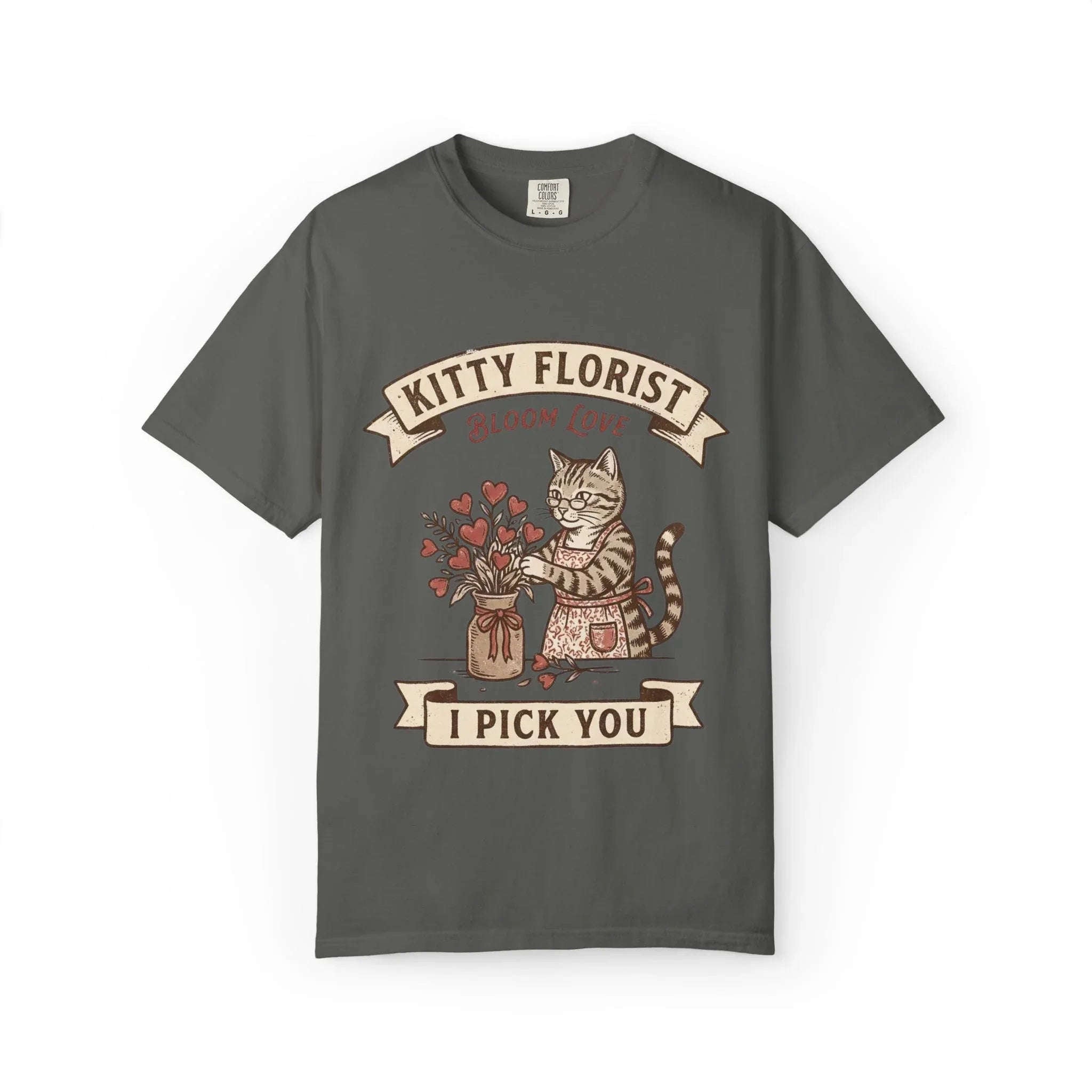Kitty Florist Bloom Love T-Shirt | Vintage Cat Floral I Pick You Graphic Tee | Retro Flower Cat Lover Gift Shirt Pepper