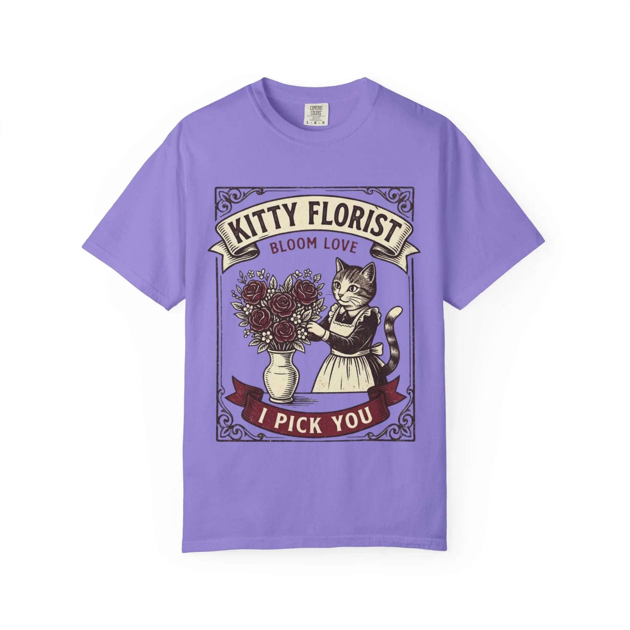 Kitty Florist Bloom Love T-Shirt | Vintage Cat Floral I Pick You Graphic Tee | Retro Flower Cat Lover Gift Shirt Violet