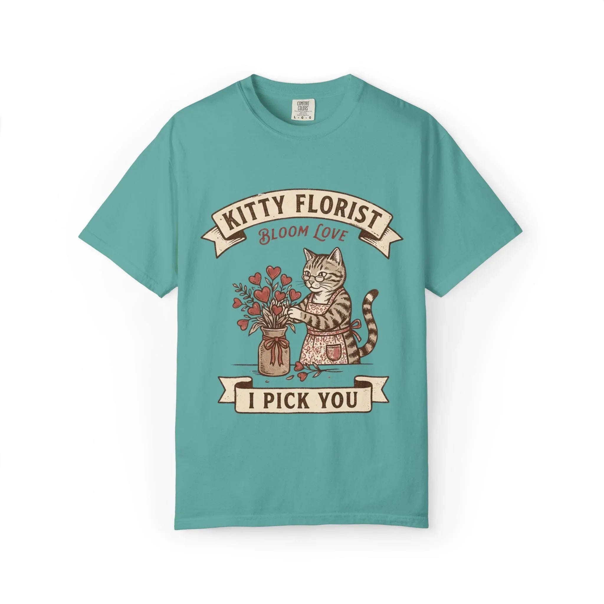 Kitty Florist Bloom Love T-Shirt | Vintage Cat Floral I Pick You Graphic Tee | Retro Flower Cat Lover Gift Shirt Seafoam