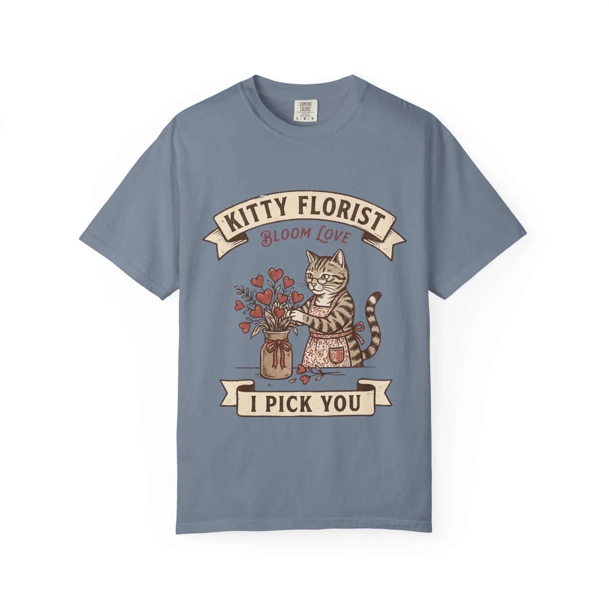 Kitty Florist Bloom Love T-Shirt | Vintage Cat Floral I Pick You Graphic Tee | Retro Flower Cat Lover Gift Shirt Blue Jean