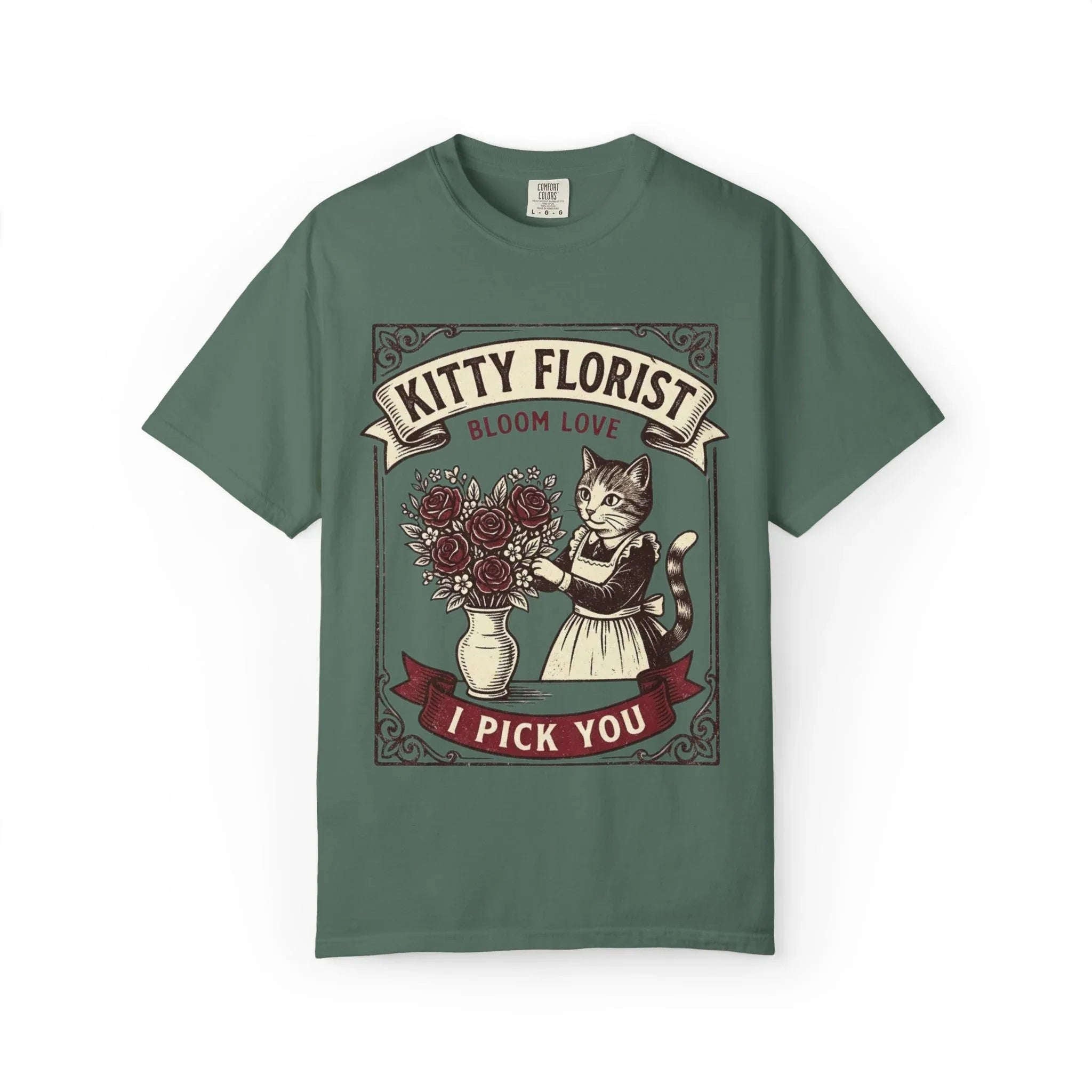 Kitty Florist Bloom Love T-Shirt | Vintage Cat Floral I Pick You Graphic Tee | Retro Flower Cat Lover Gift Shirt Blue Spruce