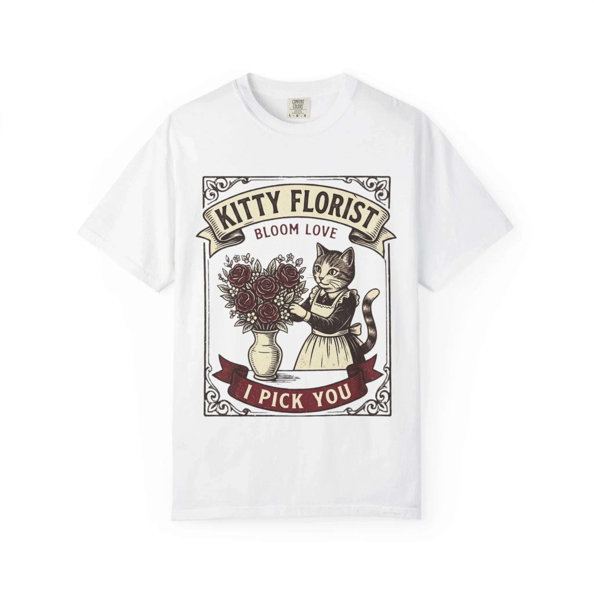 Kitty Florist Bloom Love T-Shirt | Vintage Cat Floral I Pick You Graphic Tee | Retro Flower Cat Lover Gift Shirt White
