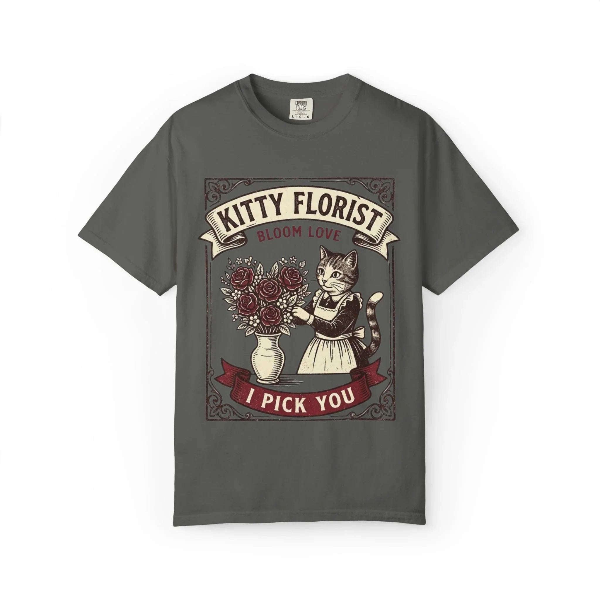 Kitty Florist Bloom Love T-Shirt | Vintage Cat Floral I Pick You Graphic Tee | Retro Flower Cat Lover Gift Shirt Pepper