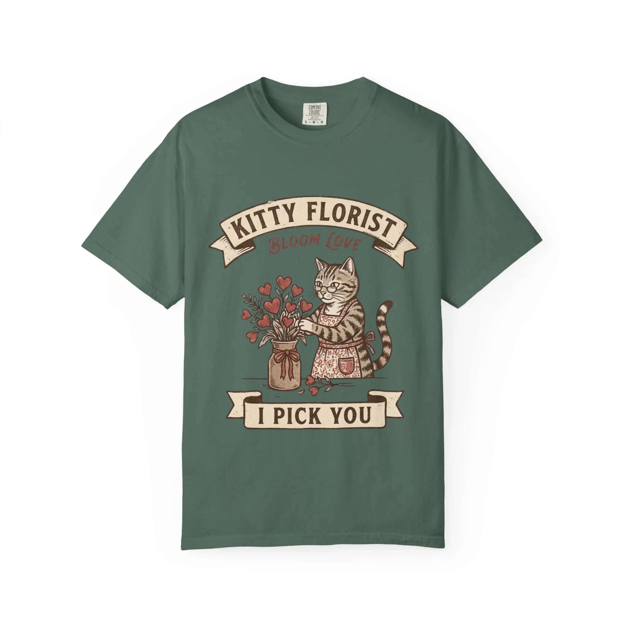 Kitty Florist Bloom Love T-Shirt | Vintage Cat Floral I Pick You Graphic Tee | Retro Flower Cat Lover Gift Shirt Blue Spruce