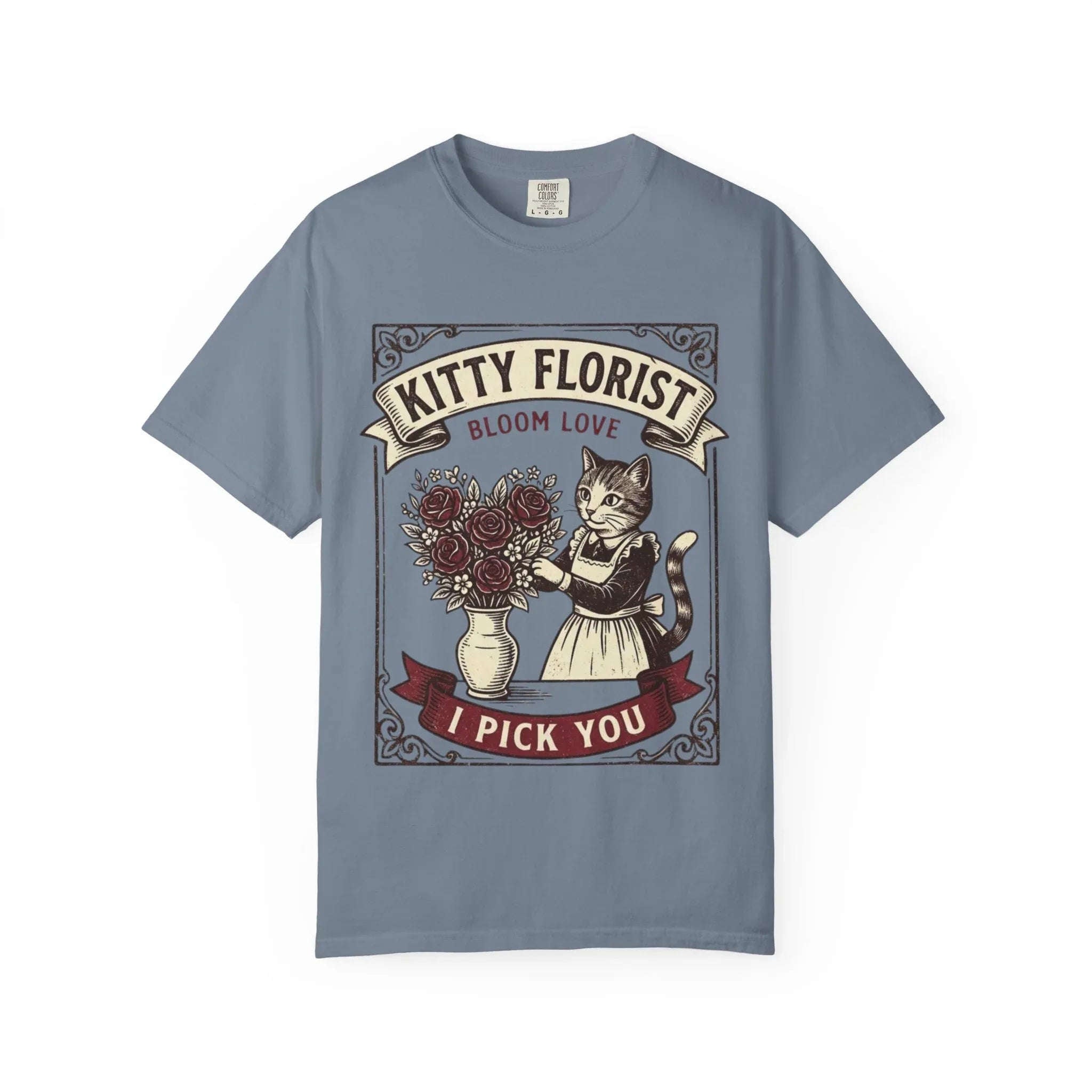 Kitty Florist Bloom Love T-Shirt | Vintage Cat Floral I Pick You Graphic Tee | Retro Flower Cat Lover Gift Shirt Blue Jean
