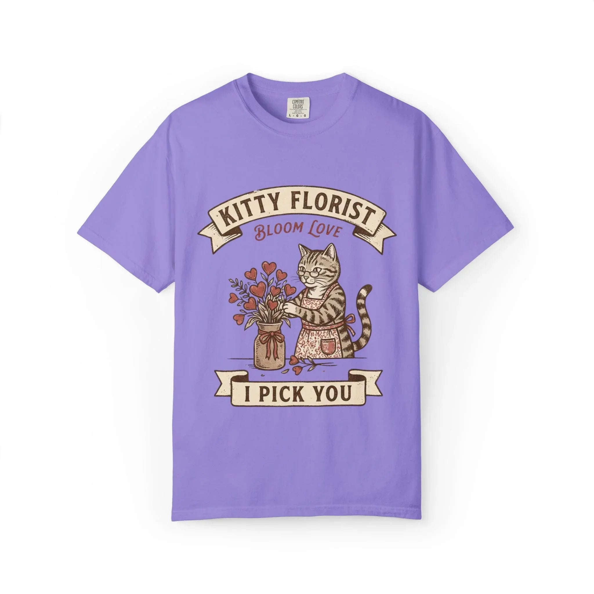 Kitty Florist Bloom Love T-Shirt | Vintage Cat Floral I Pick You Graphic Tee | Retro Flower Cat Lover Gift Shirt Violet