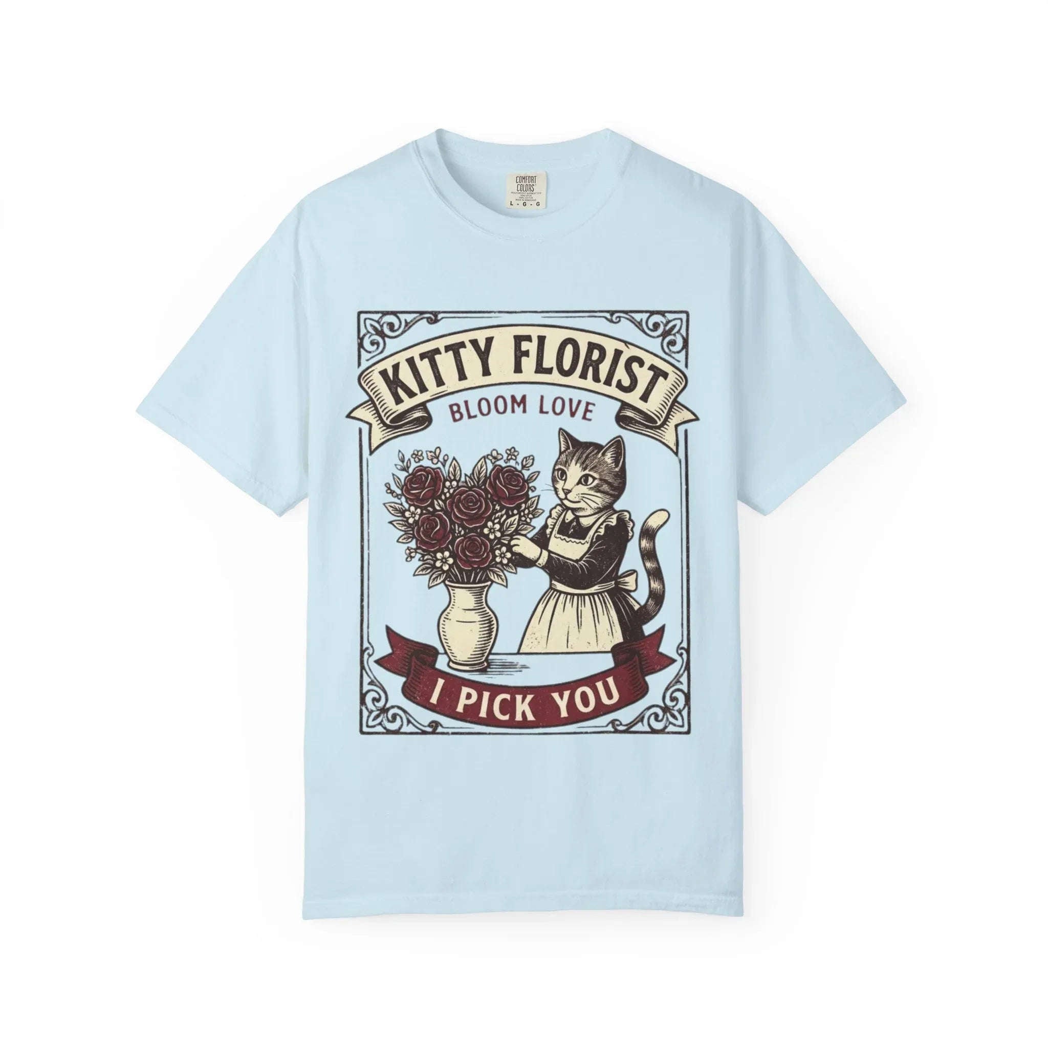 Kitty Florist Bloom Love T-Shirt | Vintage Cat Floral I Pick You Graphic Tee | Retro Flower Cat Lover Gift Shirt Chambray