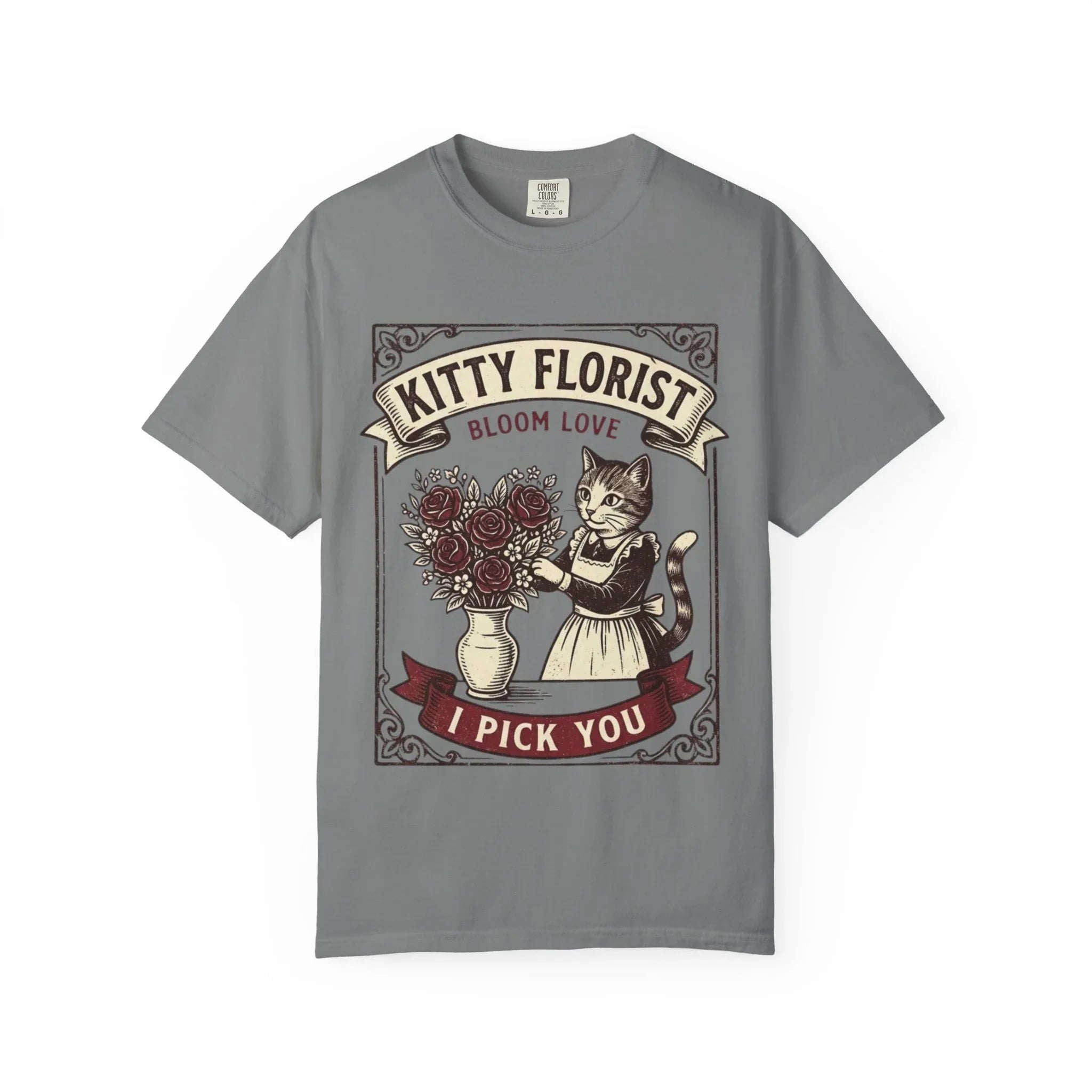 Kitty Florist Bloom Love T-Shirt | Vintage Cat Floral I Pick You Graphic Tee | Retro Flower Cat Lover Gift Shirt Grey