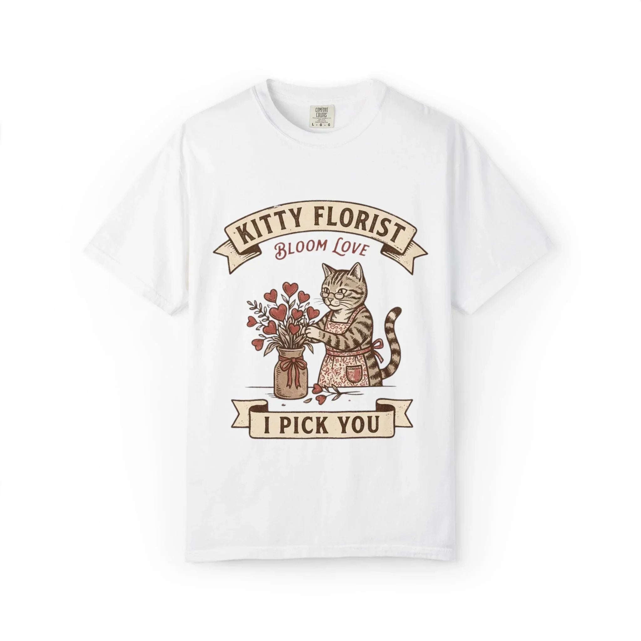 Kitty Florist Bloom Love T-Shirt | Vintage Cat Floral I Pick You Graphic Tee | Retro Flower Cat Lover Gift Shirt White