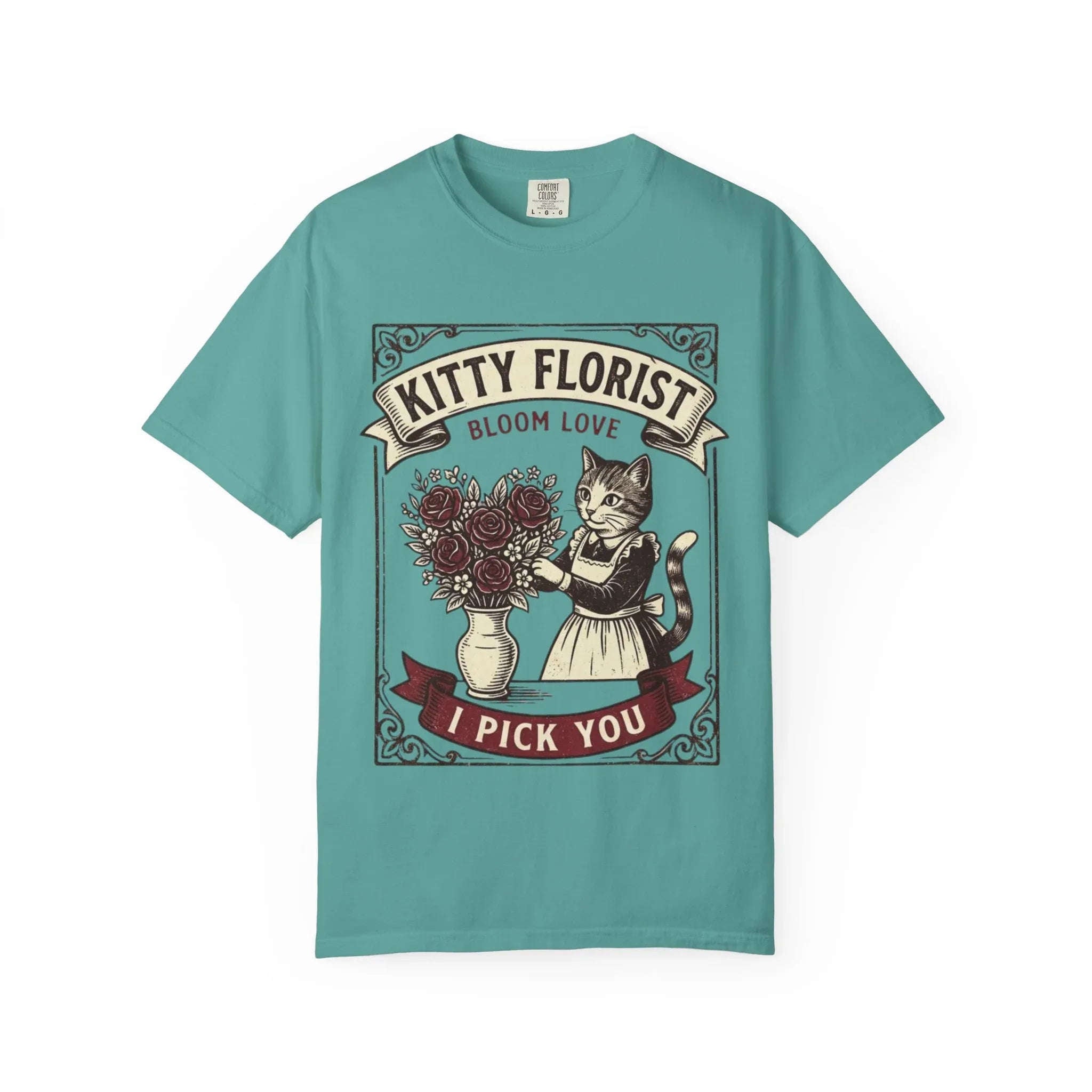 Kitty Florist Bloom Love T-Shirt | Vintage Cat Floral I Pick You Graphic Tee | Retro Flower Cat Lover Gift Shirt Seafoam