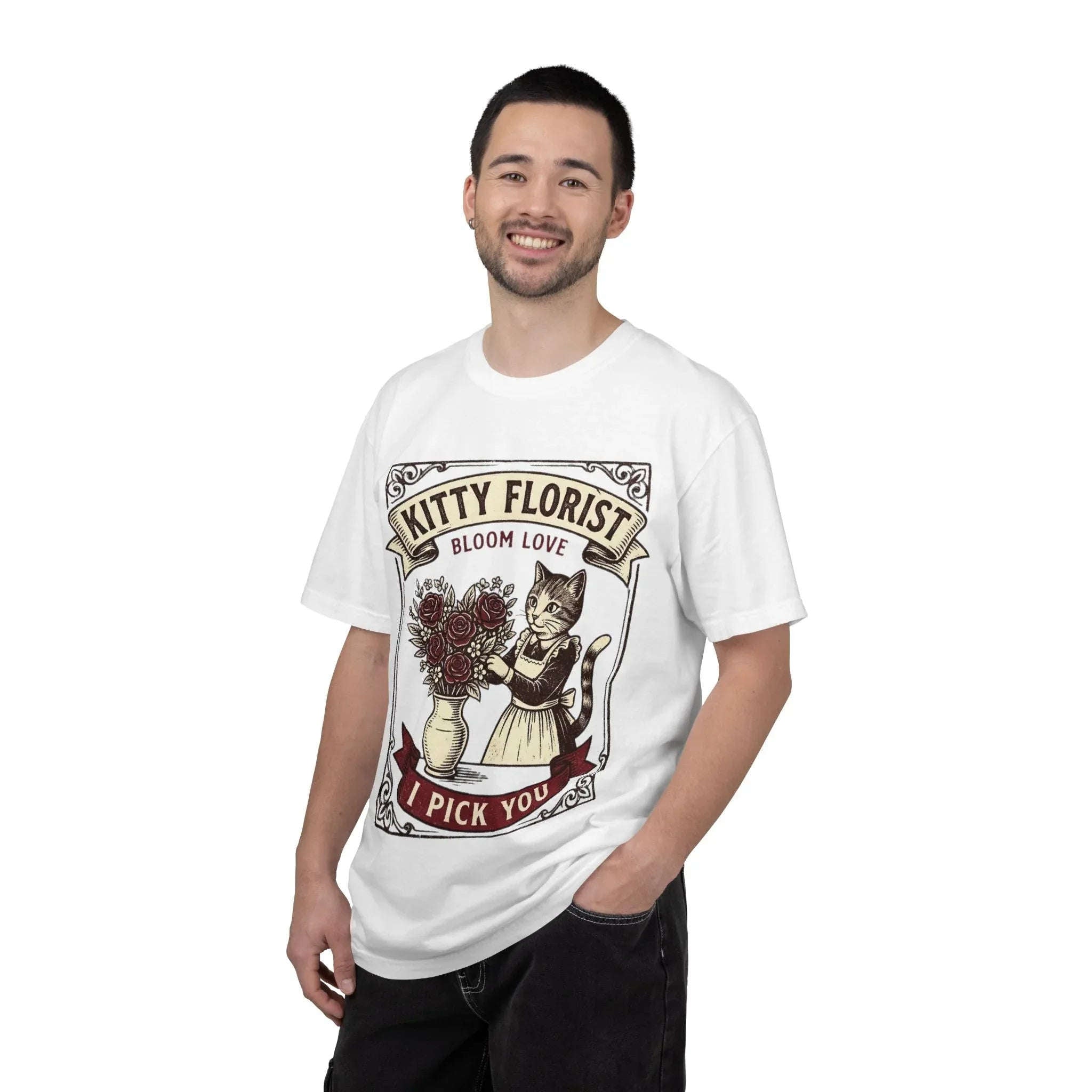 Kitty Florist Bloom Love T-Shirt | Vintage Cat Floral I Pick You Graphic Tee | Retro Flower Cat Lover Gift Shirt