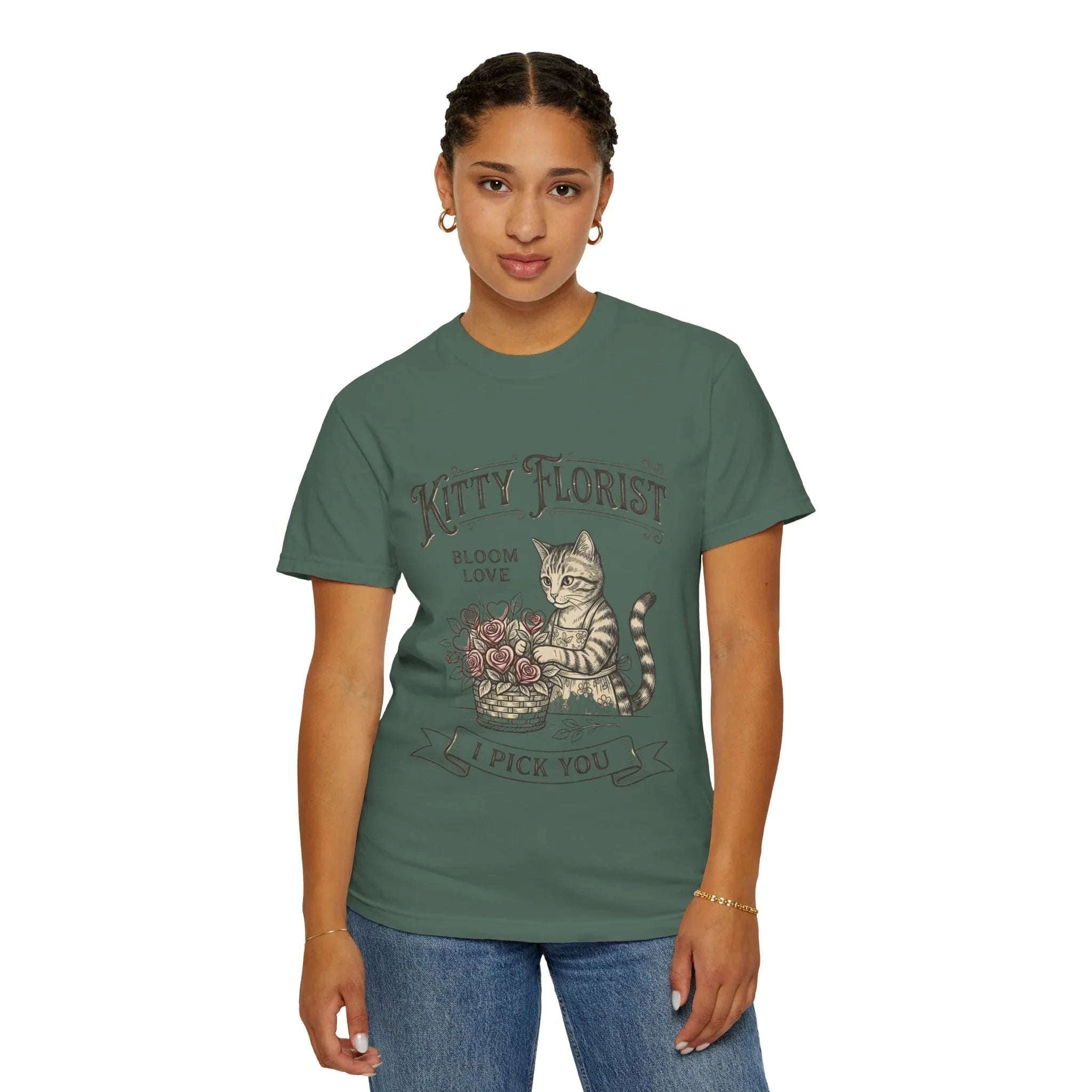 Kitty Florist I Pick You Shirt, Cat with Flowers T-Shirt, Cute Cottagecore Tee, Floral Pun Graphic, Cat Lover Gift, Vintage Style Blue Spruce
