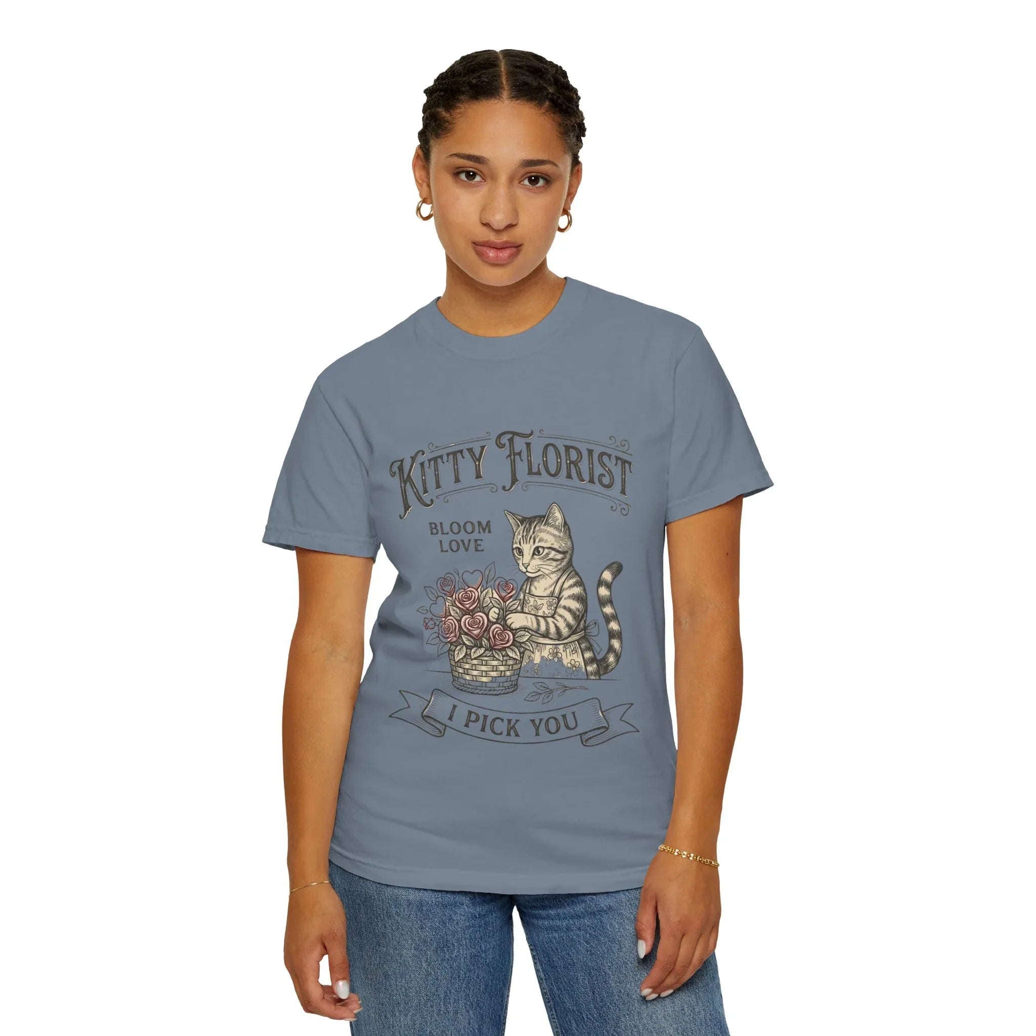 Kitty Florist I Pick You Shirt, Cat with Flowers T-Shirt, Cute Cottagecore Tee, Floral Pun Graphic, Cat Lover Gift, Vintage Style Blue Jean