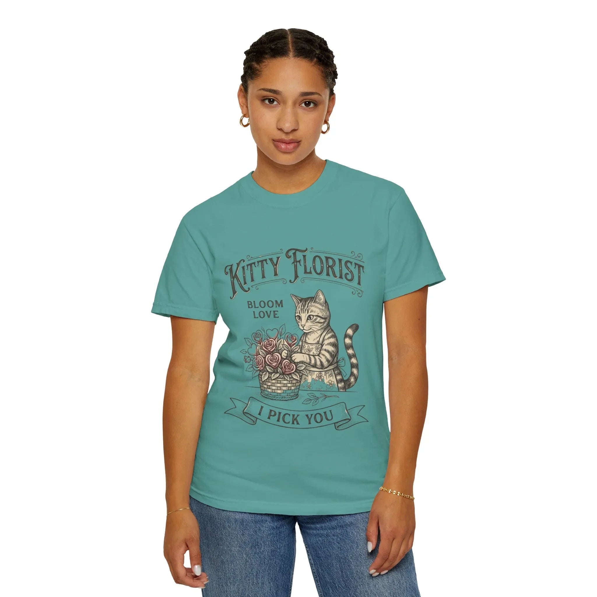 Kitty Florist I Pick You Shirt, Cat with Flowers T-Shirt, Cute Cottagecore Tee, Floral Pun Graphic, Cat Lover Gift, Vintage Style Seafoam