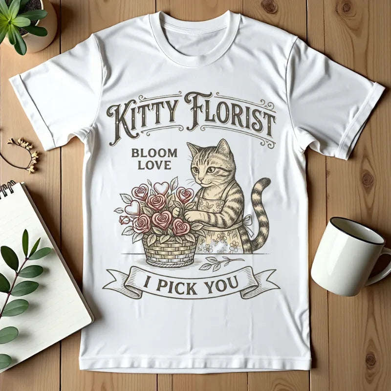 Kitty Florist I Pick You Shirt, Cat with Flowers T-Shirt, Cute Cottagecore Tee, Floral Pun Graphic, Cat Lover Gift, Vintage Style White