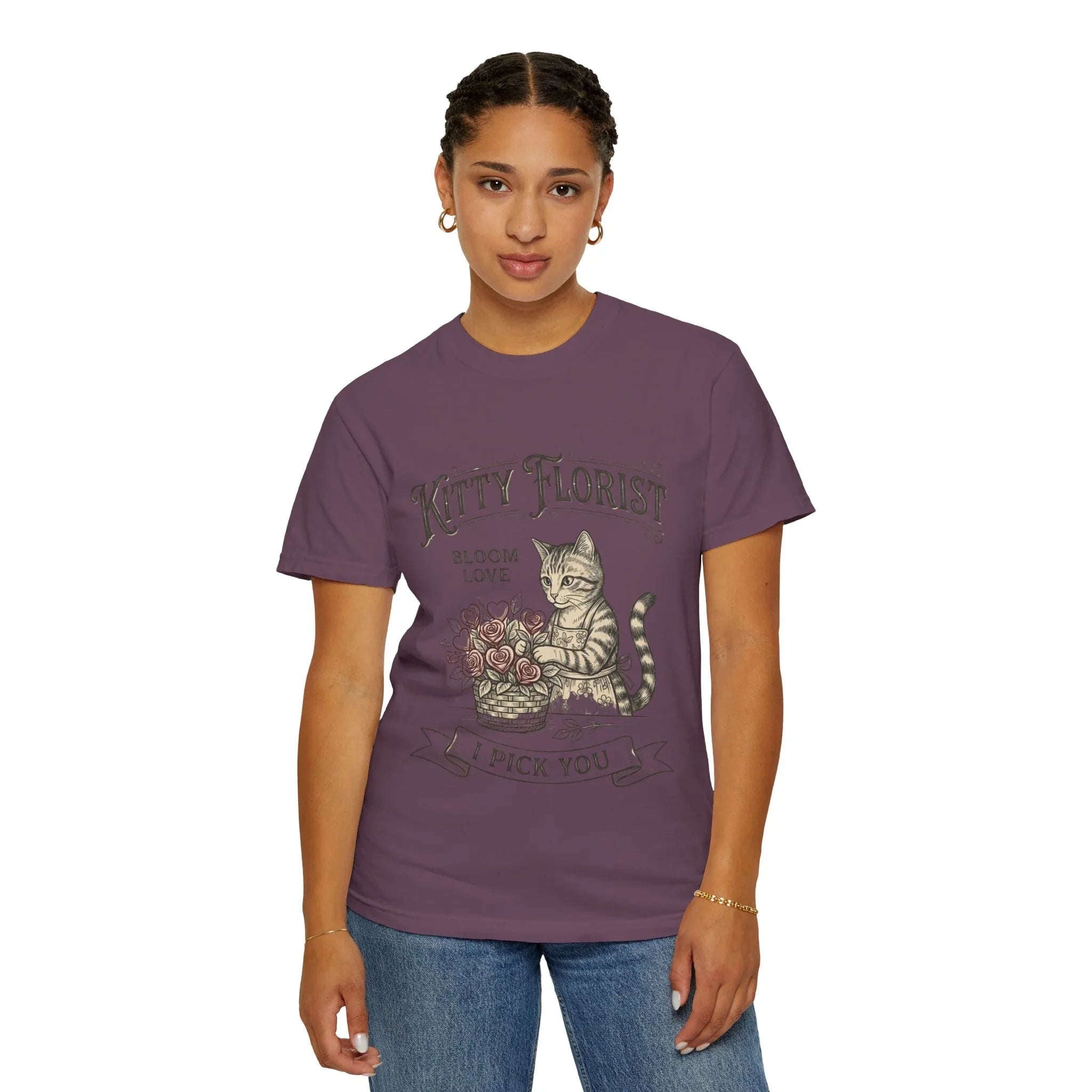 Kitty Florist I Pick You Shirt, Cat with Flowers T-Shirt, Cute Cottagecore Tee, Floral Pun Graphic, Cat Lover Gift, Vintage Style Berry M
