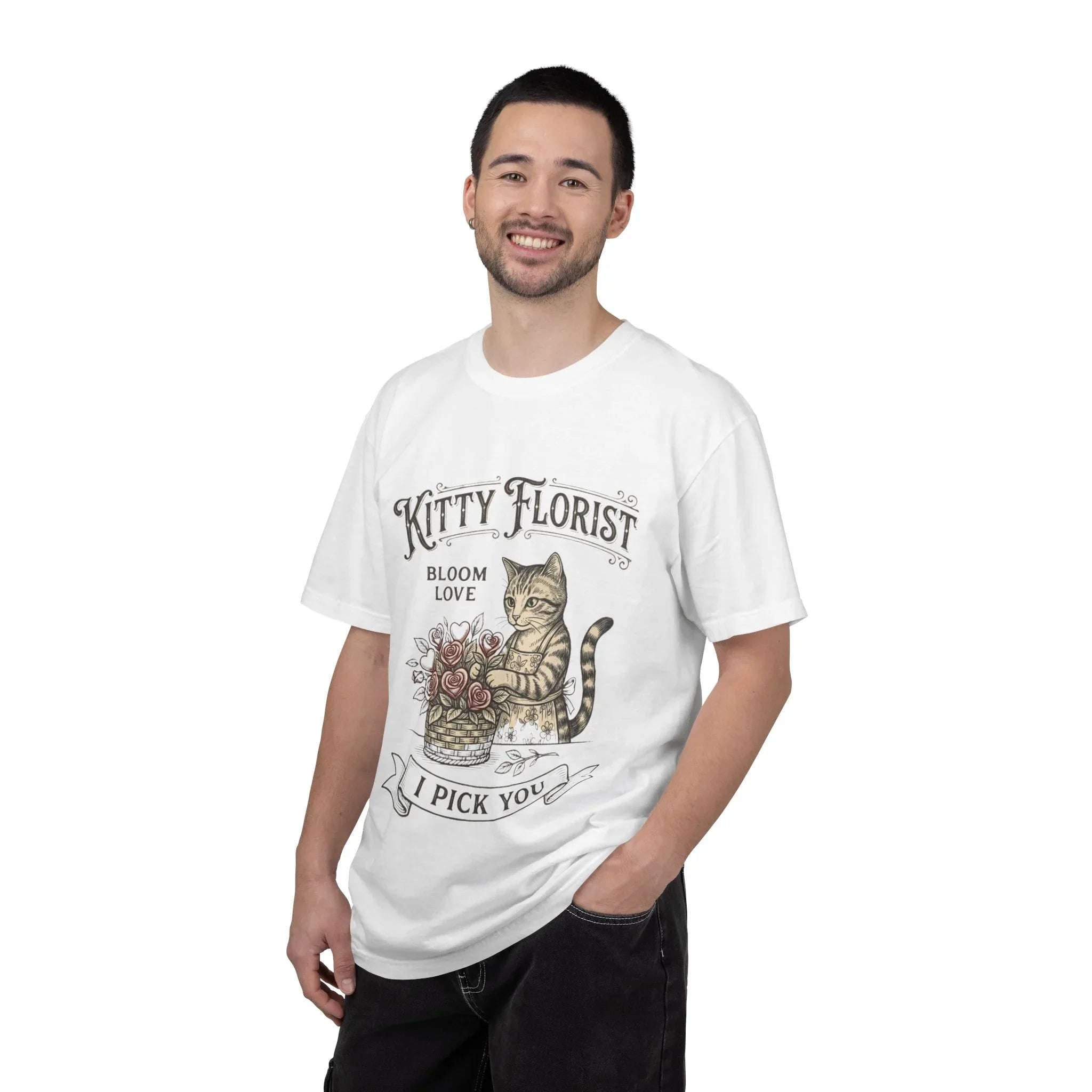 Kitty Florist I Pick You Shirt, Cat with Flowers T-Shirt, Cute Cottagecore Tee, Floral Pun Graphic, Cat Lover Gift, Vintage Style