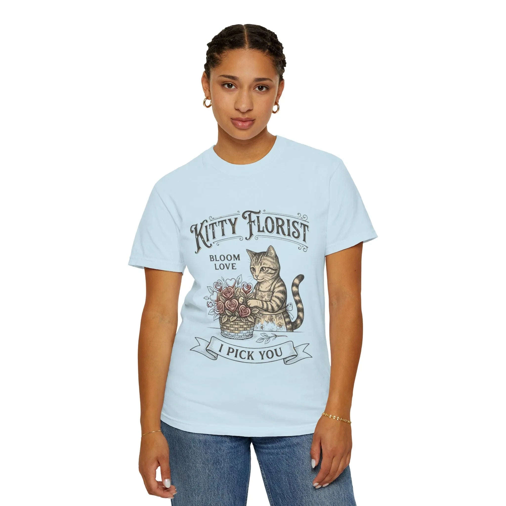Kitty Florist I Pick You Shirt, Cat with Flowers T-Shirt, Cute Cottagecore Tee, Floral Pun Graphic, Cat Lover Gift, Vintage Style Chambray