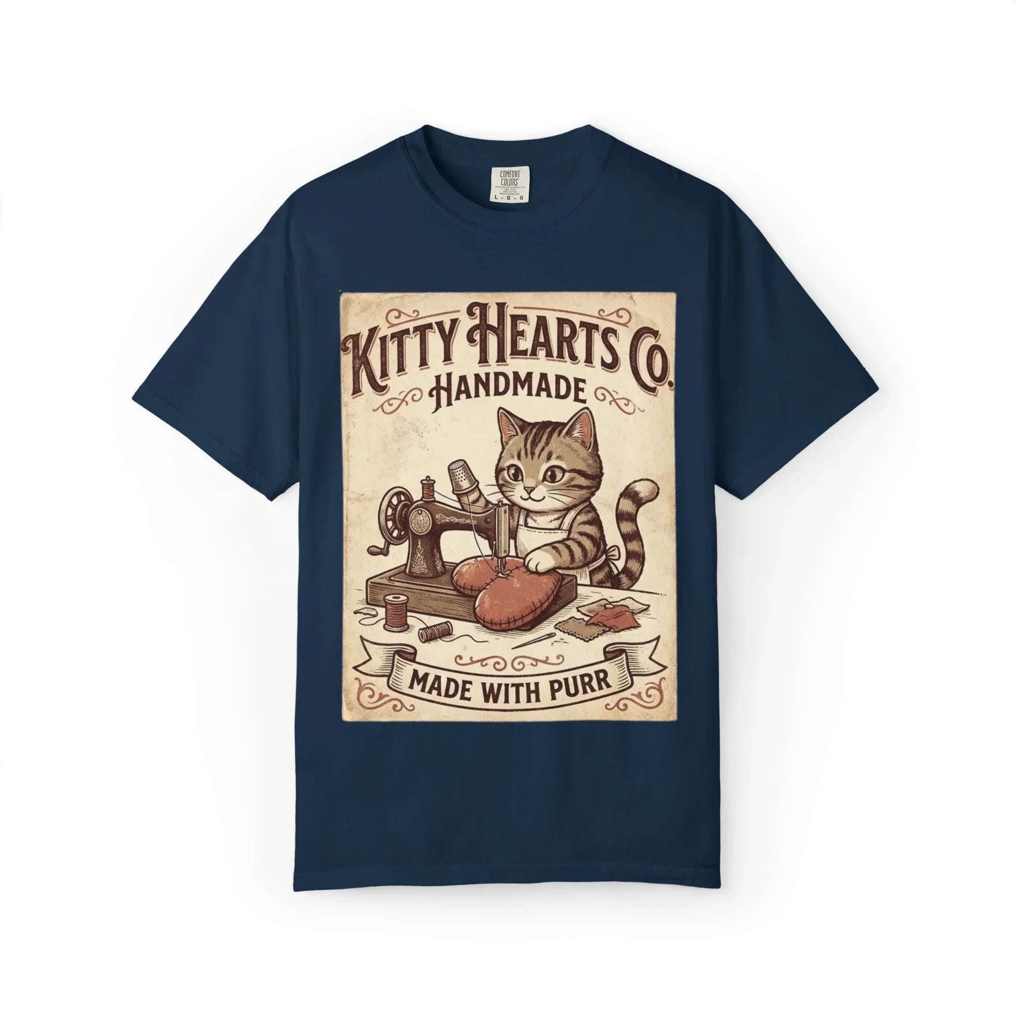 Kitty Hearts Co T-Shirt | Vintage Handmade Cat Sewing Made With Purr Graphic Tee True Navy