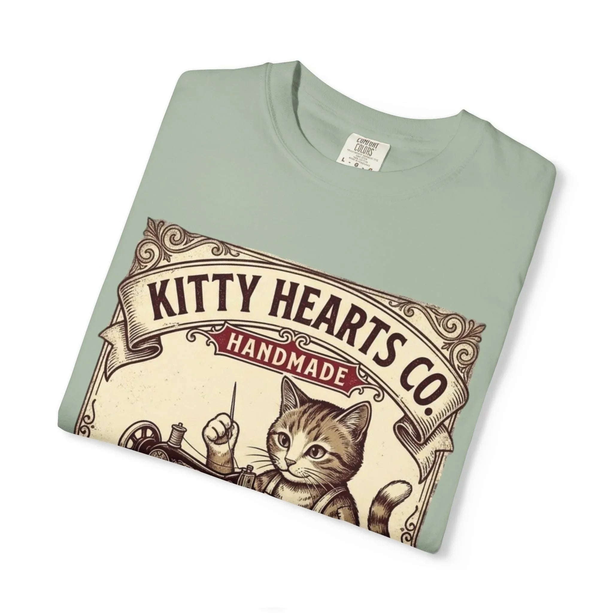 Kitty Hearts Co T-Shirt | Vintage Sewing Cat Made With Purr Graphic Tee | Retro Craft Lover Gift
