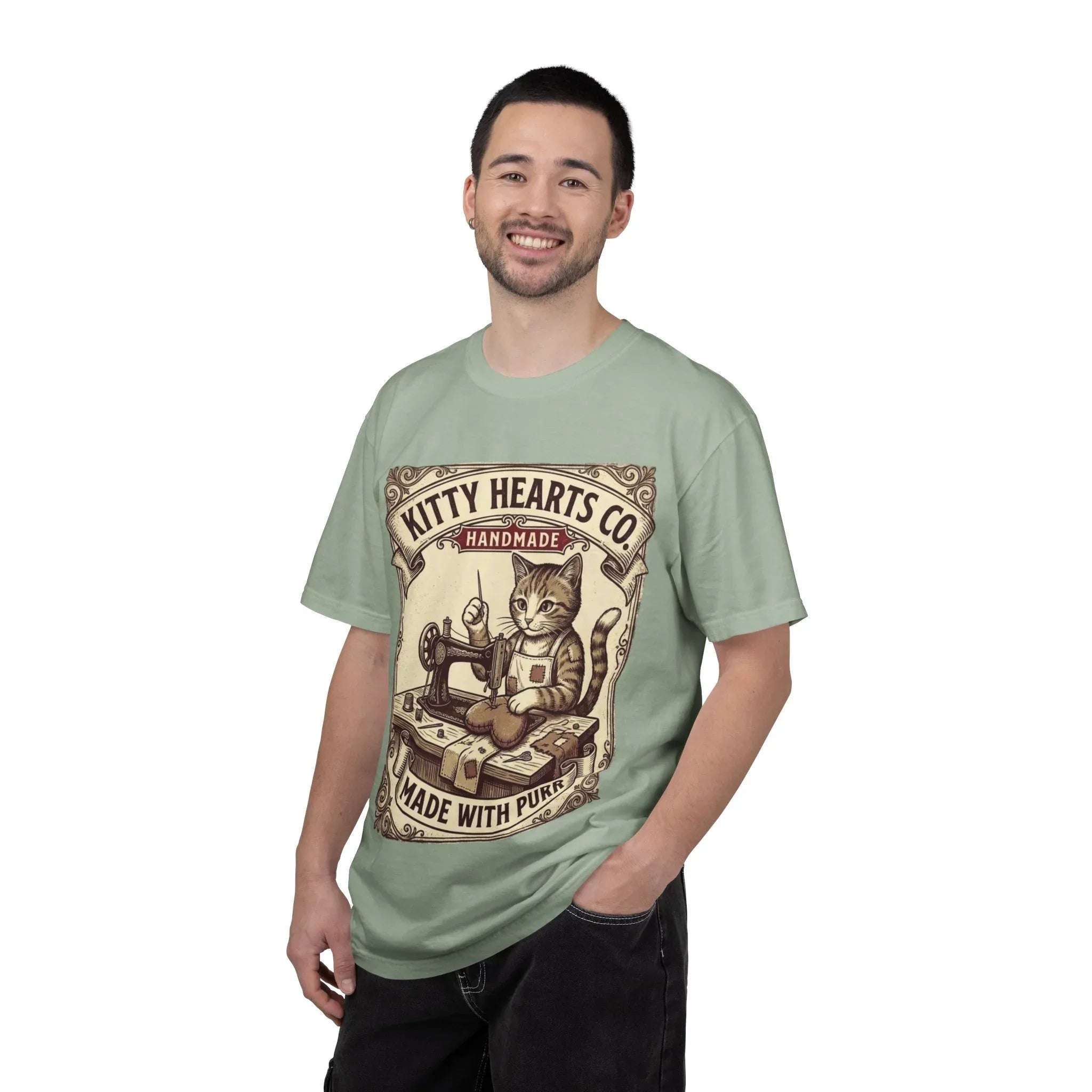 Kitty Hearts Co T-Shirt | Vintage Sewing Cat Made With Purr Graphic Tee | Retro Craft Lover Gift