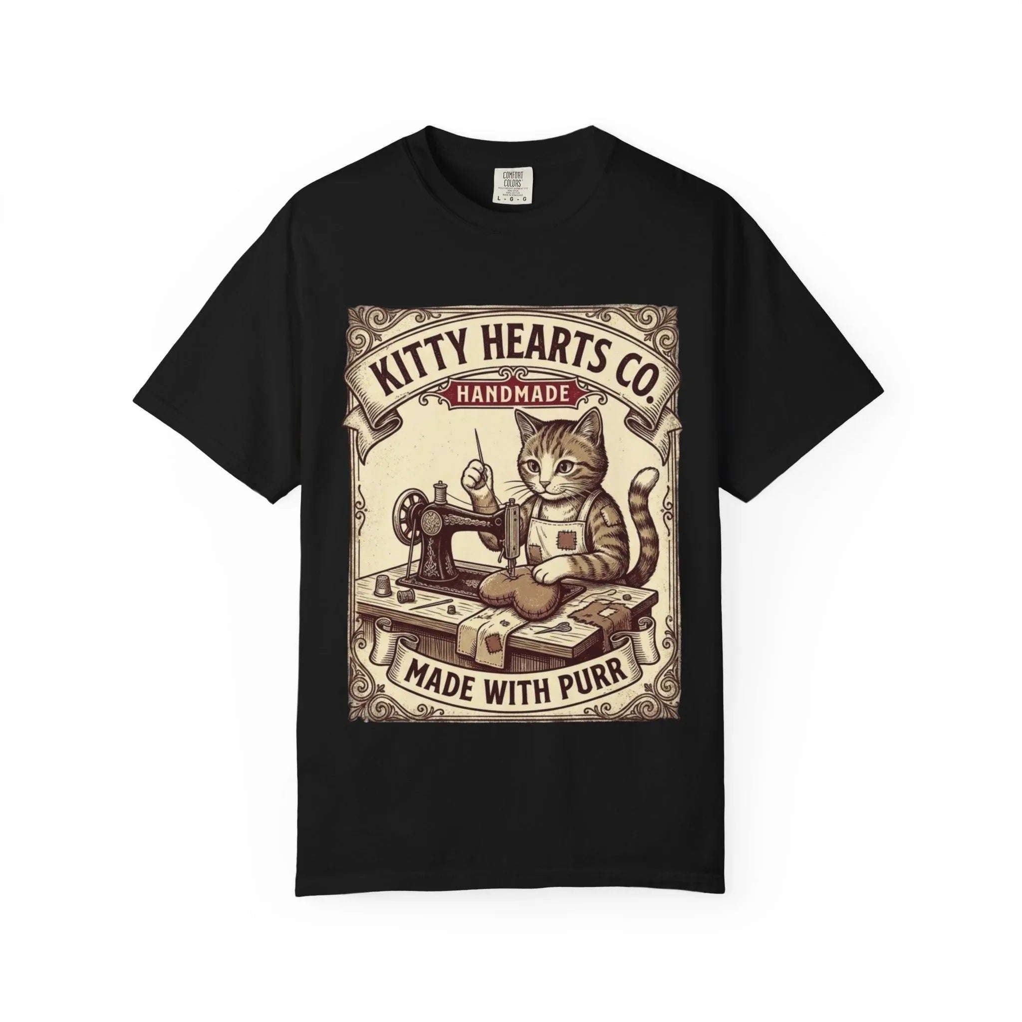 Kitty Hearts Co T-Shirt | Vintage Sewing Cat Made With Purr Graphic Tee | Retro Craft Lover Gift Black