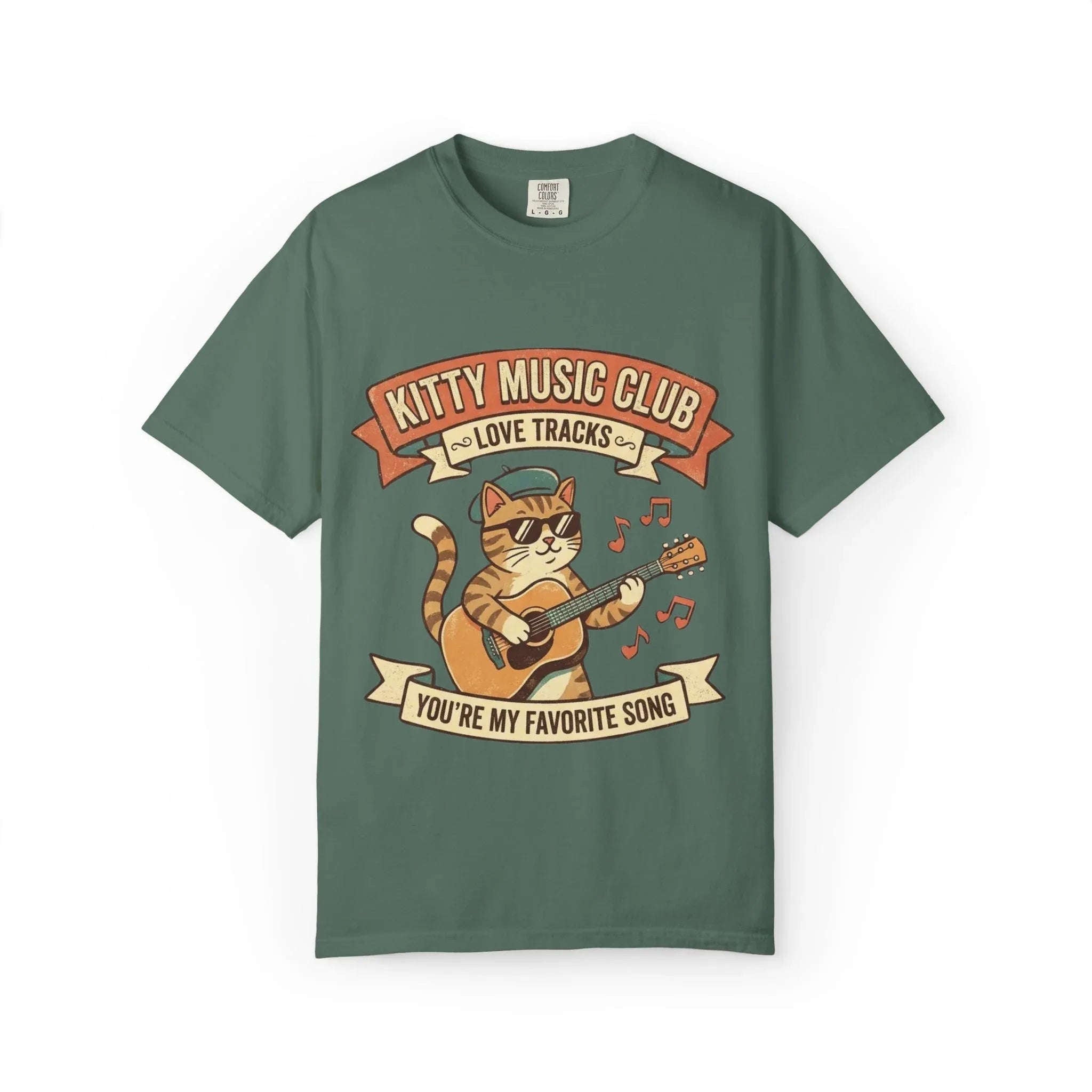 Kitty Music Club T-Shirt | Vintage Guitar Cat Youre My Favorite Song Graphic Tee Blue Spruce