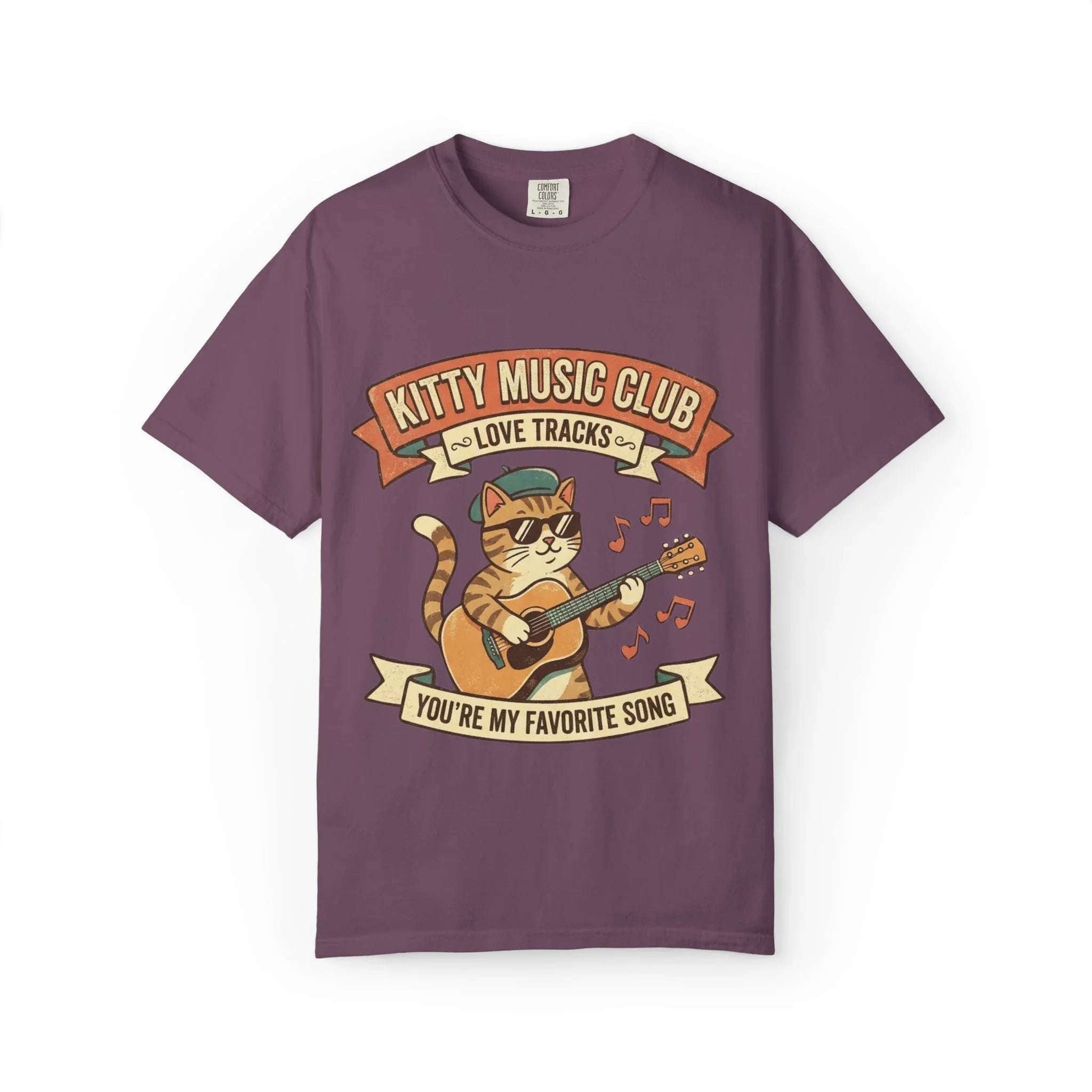 Kitty Music Club T-Shirt | Vintage Guitar Cat Youre My Favorite Song Graphic Tee Berry M