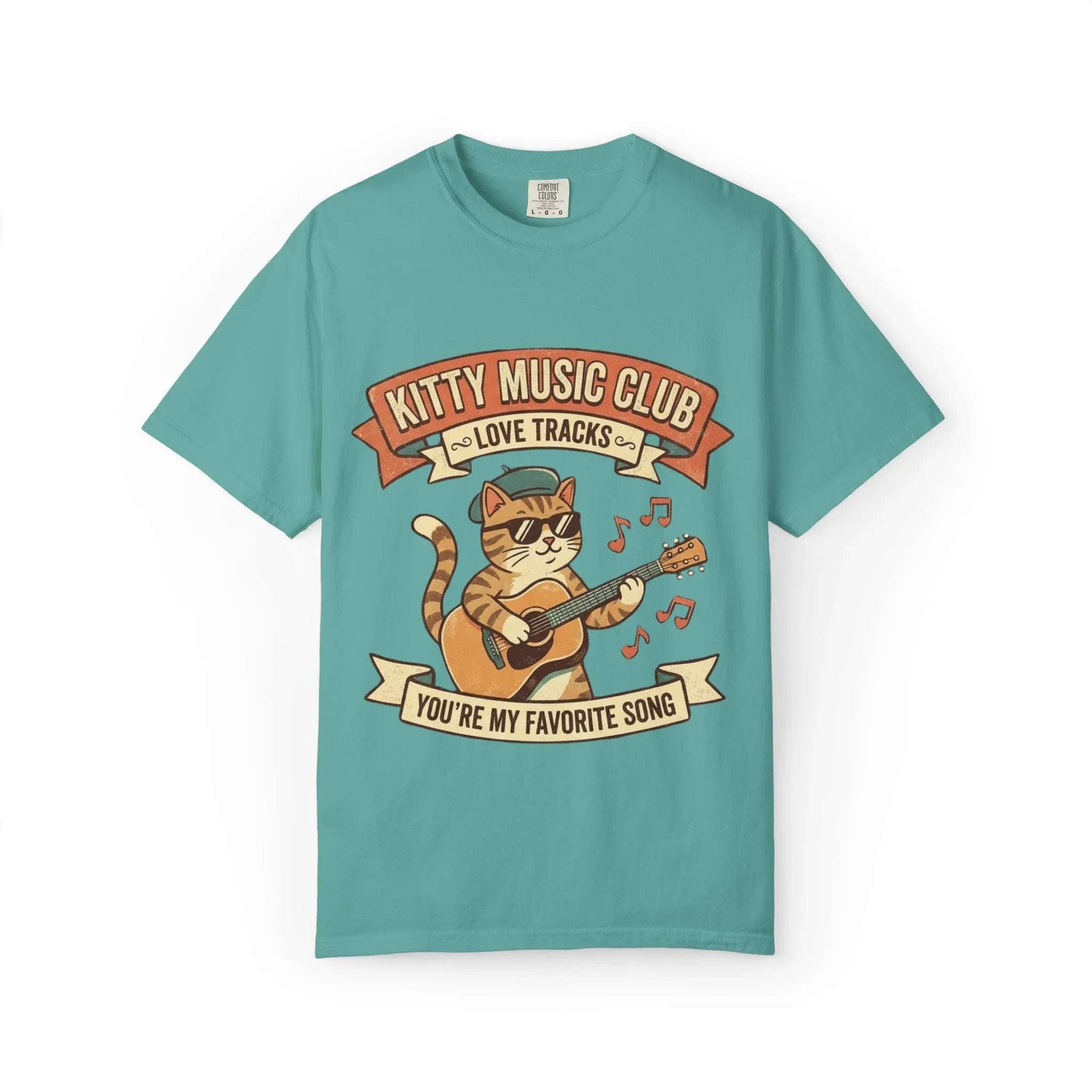 Kitty Music Club T-Shirt | Vintage Guitar Cat Youre My Favorite Song Graphic Tee Seafoam